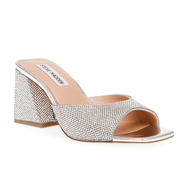 GLOWING-R Square Toe Block Heel Sandals-Silver