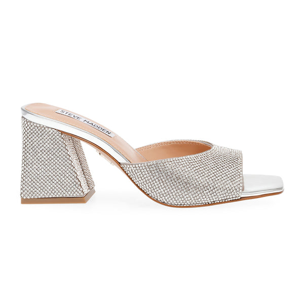 GLOWING-R Square Toe Block Heel Sandals-Silver