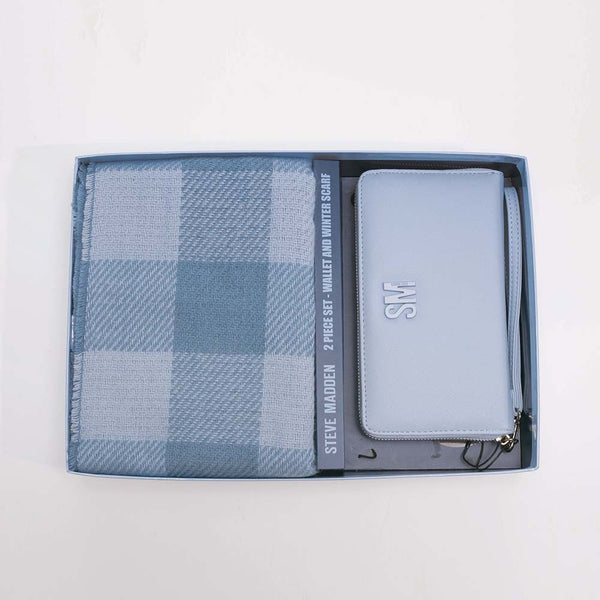 【限量禮盒組】格紋圍巾 皮革中夾二合一禮盒-BABY藍