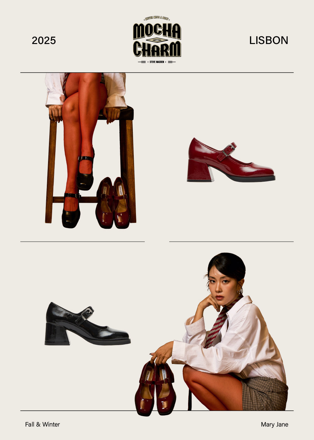 LISBON 經典復古粗跟瑪莉珍鞋-酒紅色