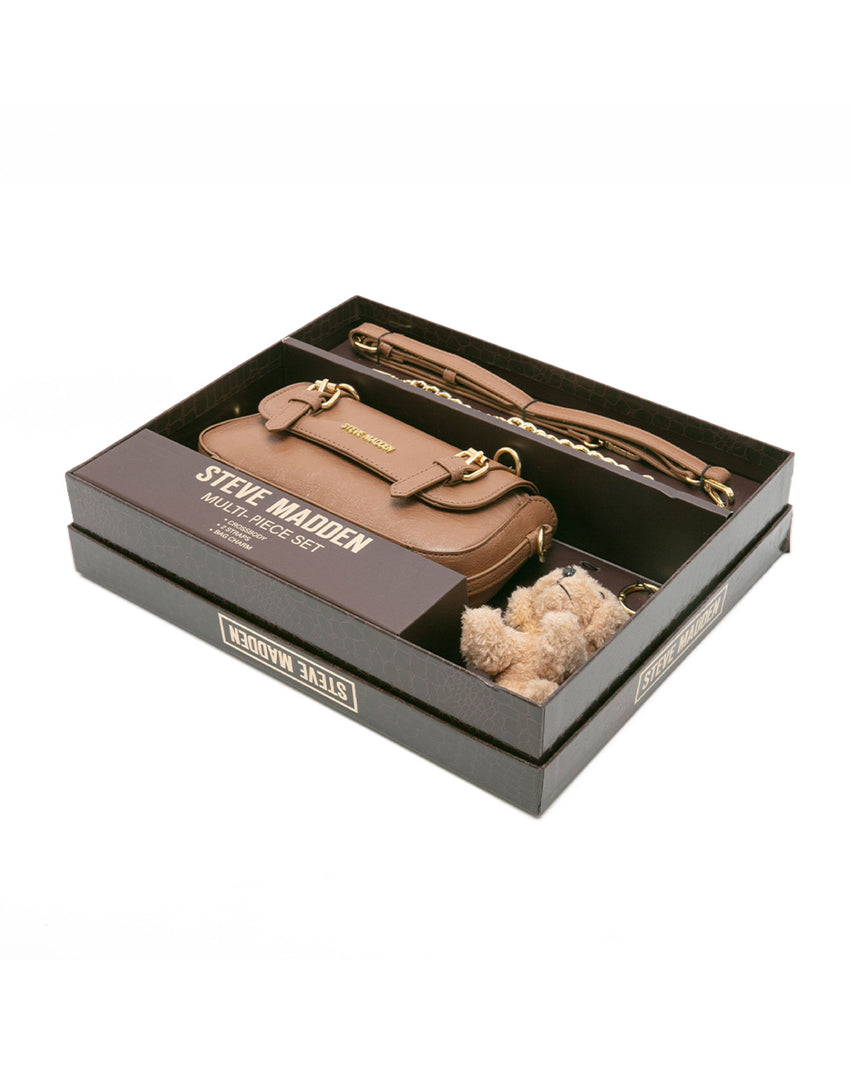 雙扣帶造型小包/毛絨狗狗吊飾禮盒-棕色