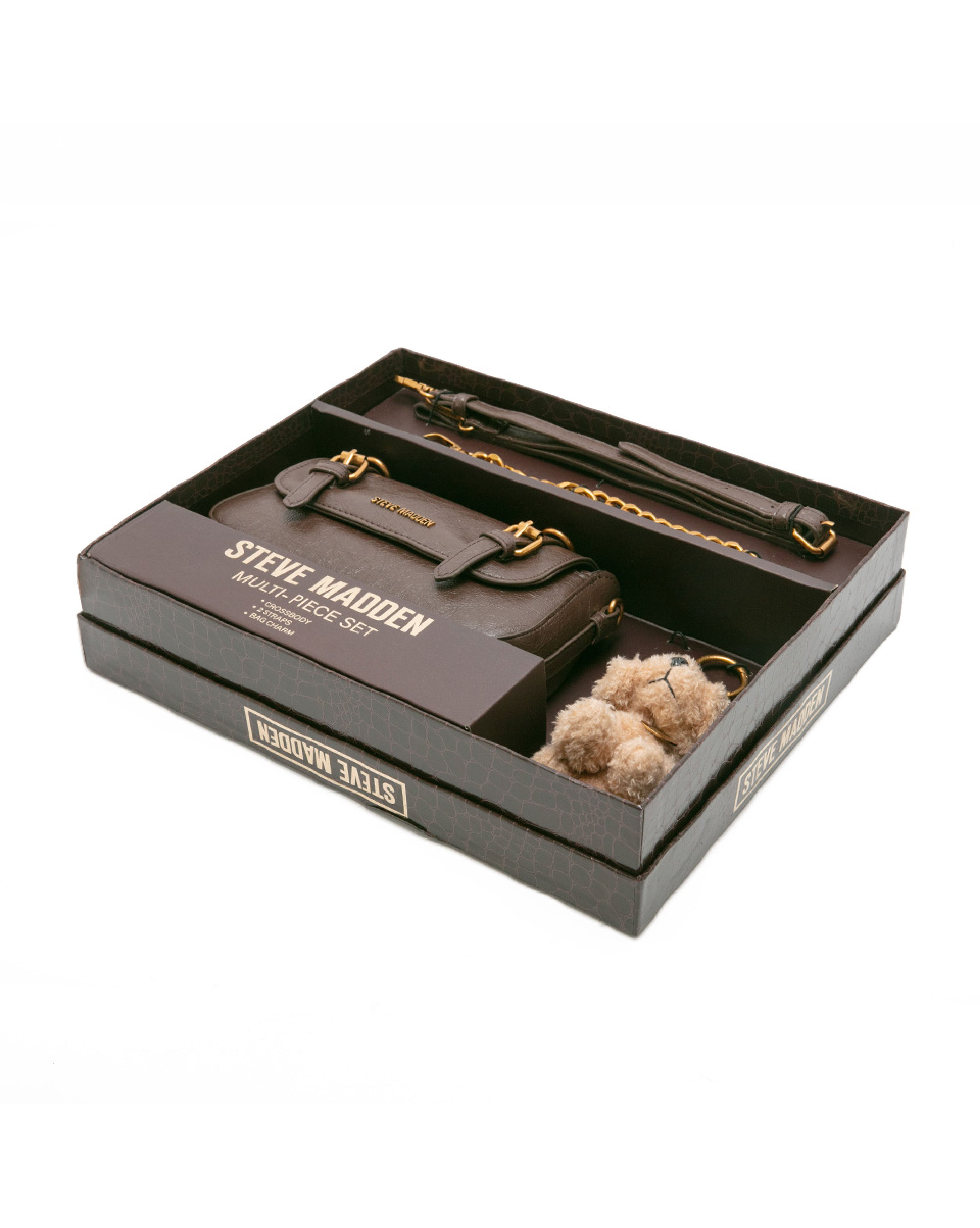 雙扣帶造型小包/毛絨狗狗吊飾禮盒-咖啡色