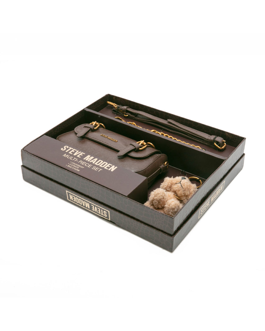 雙扣帶造型小包/毛絨狗狗吊飾禮盒-咖啡色