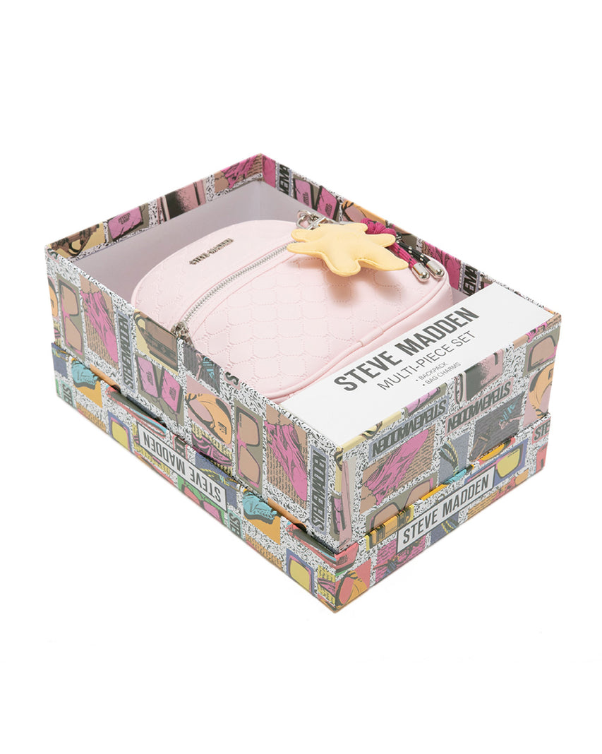 童趣雙吊飾/菱格紋後背包禮盒-粉色