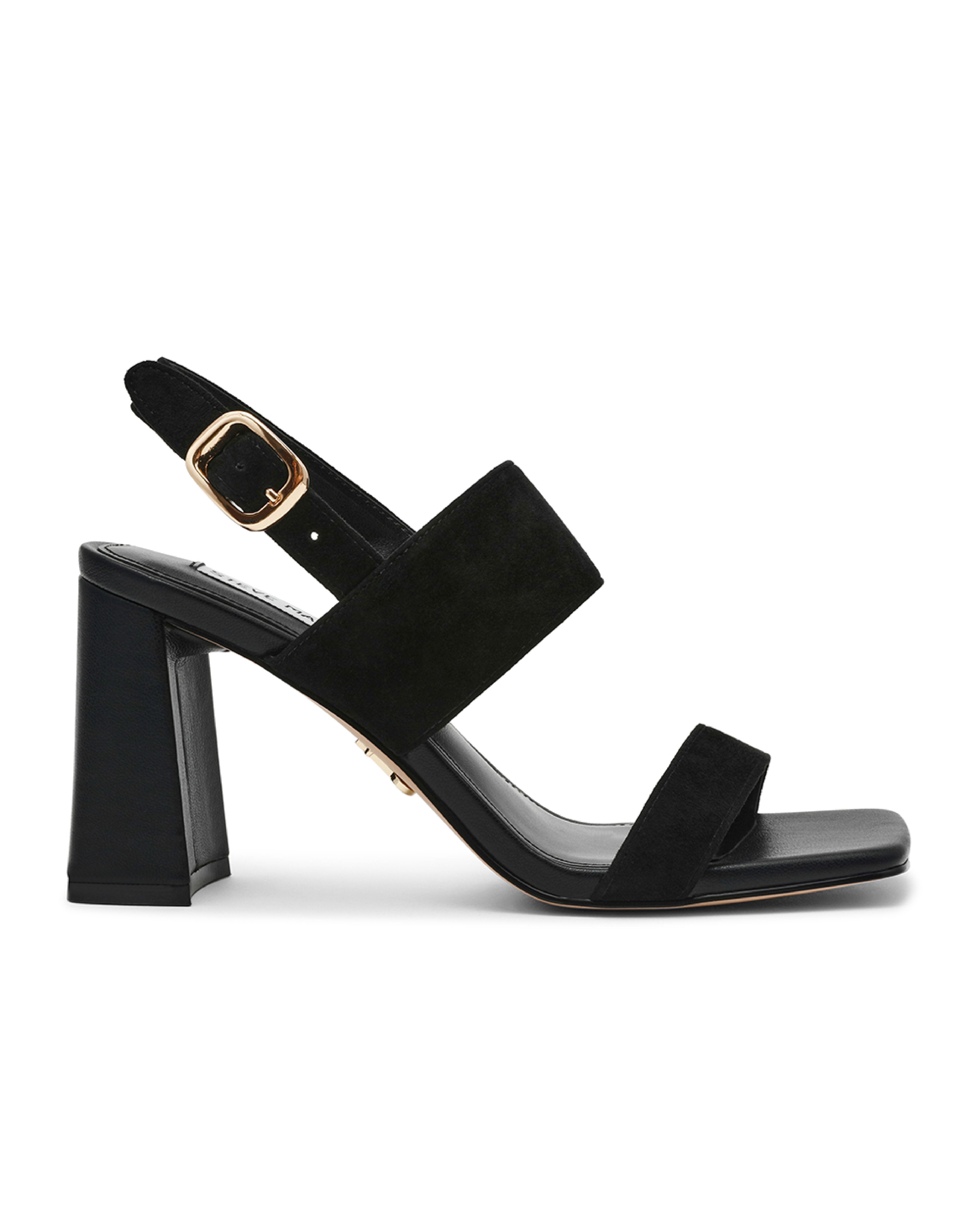 WENDIE 簡約一字雙帶粗跟涼鞋-絨黑