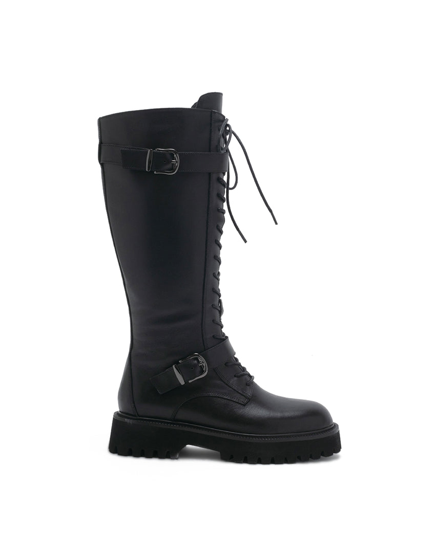 TWAURA 率性綁帶方形扣飾長筒靴-黑色