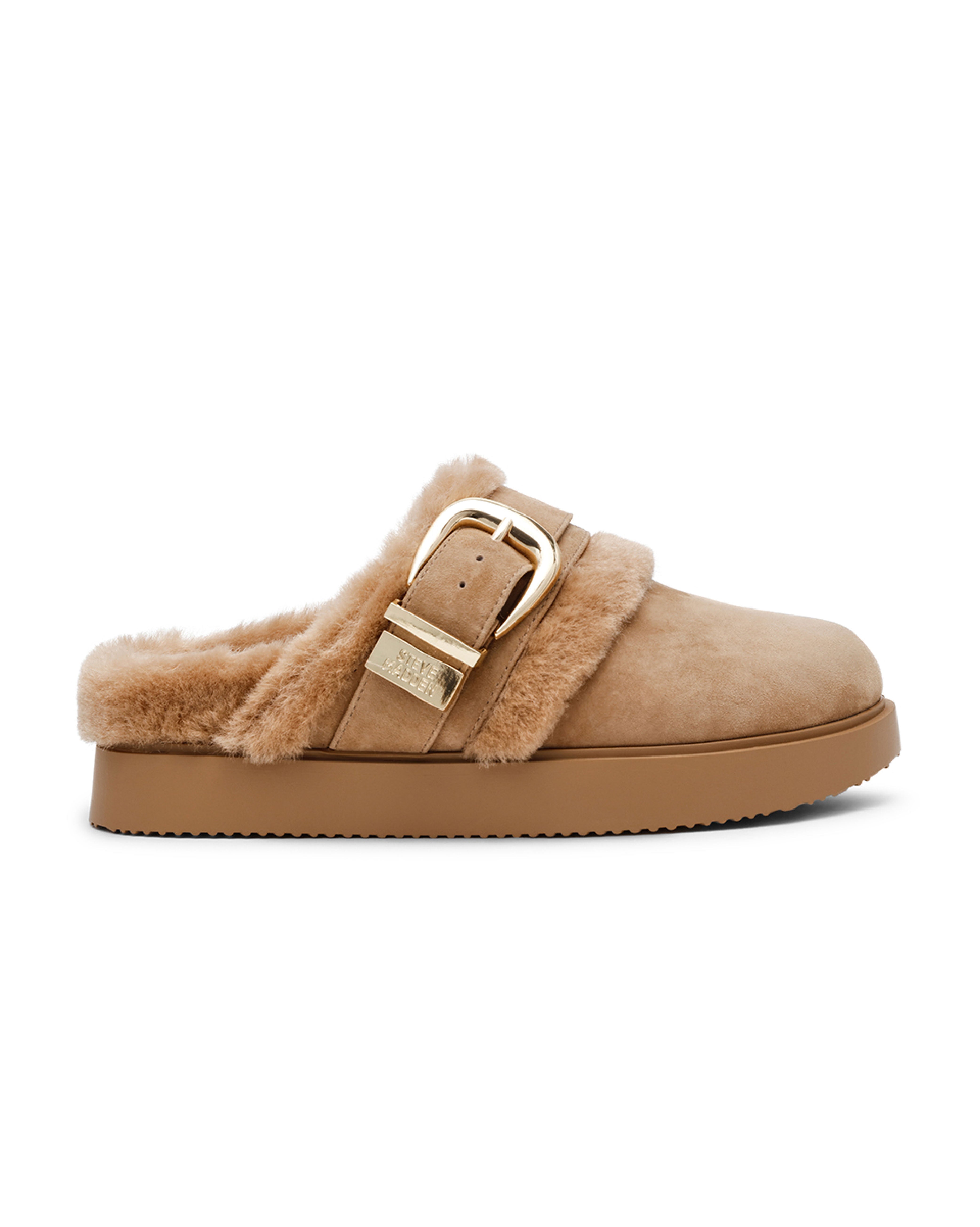 COZY UP 泰迪毛毛金屬扣飾穆勒鞋-絨棕