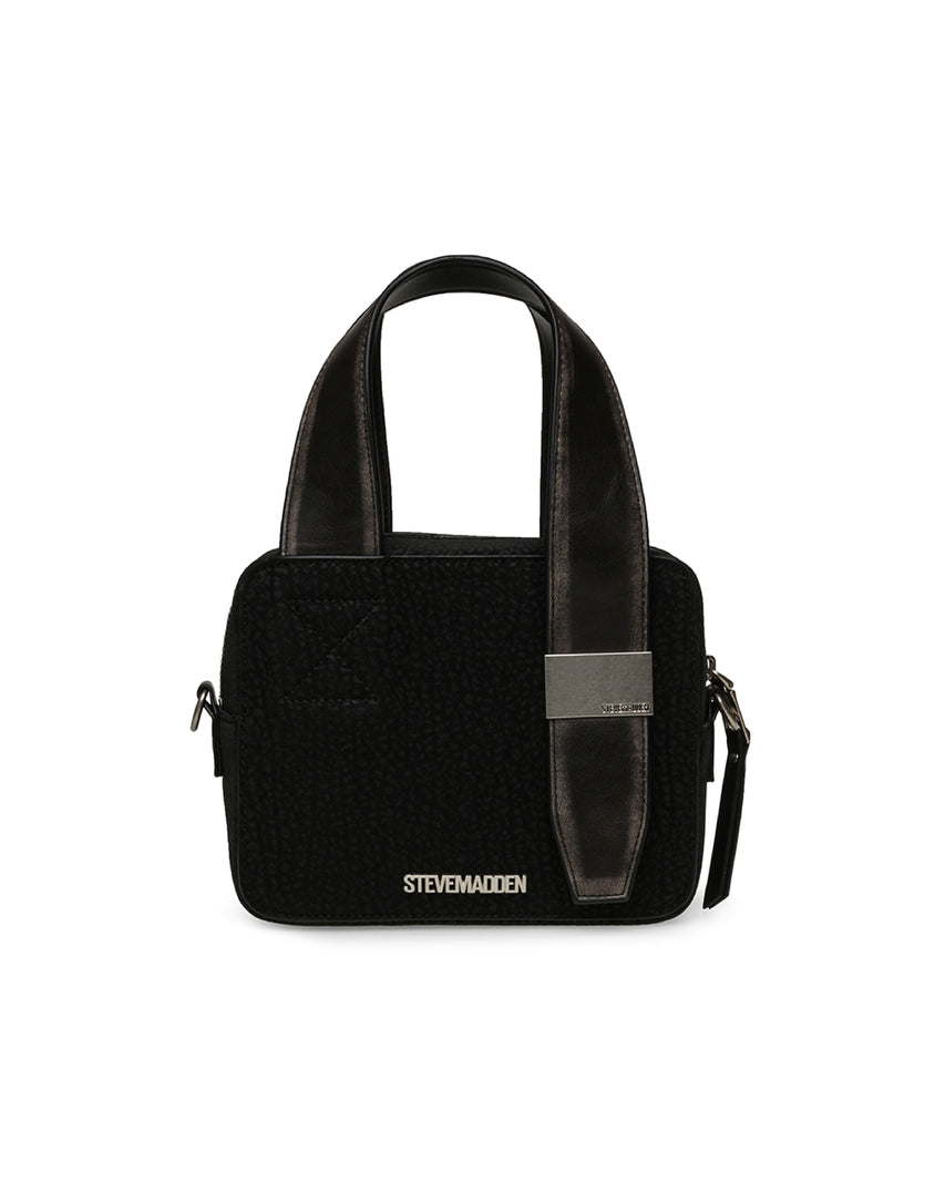 【線上獨家款】BKIVIANA 荔枝紋寬手提帶斜背包-黑色