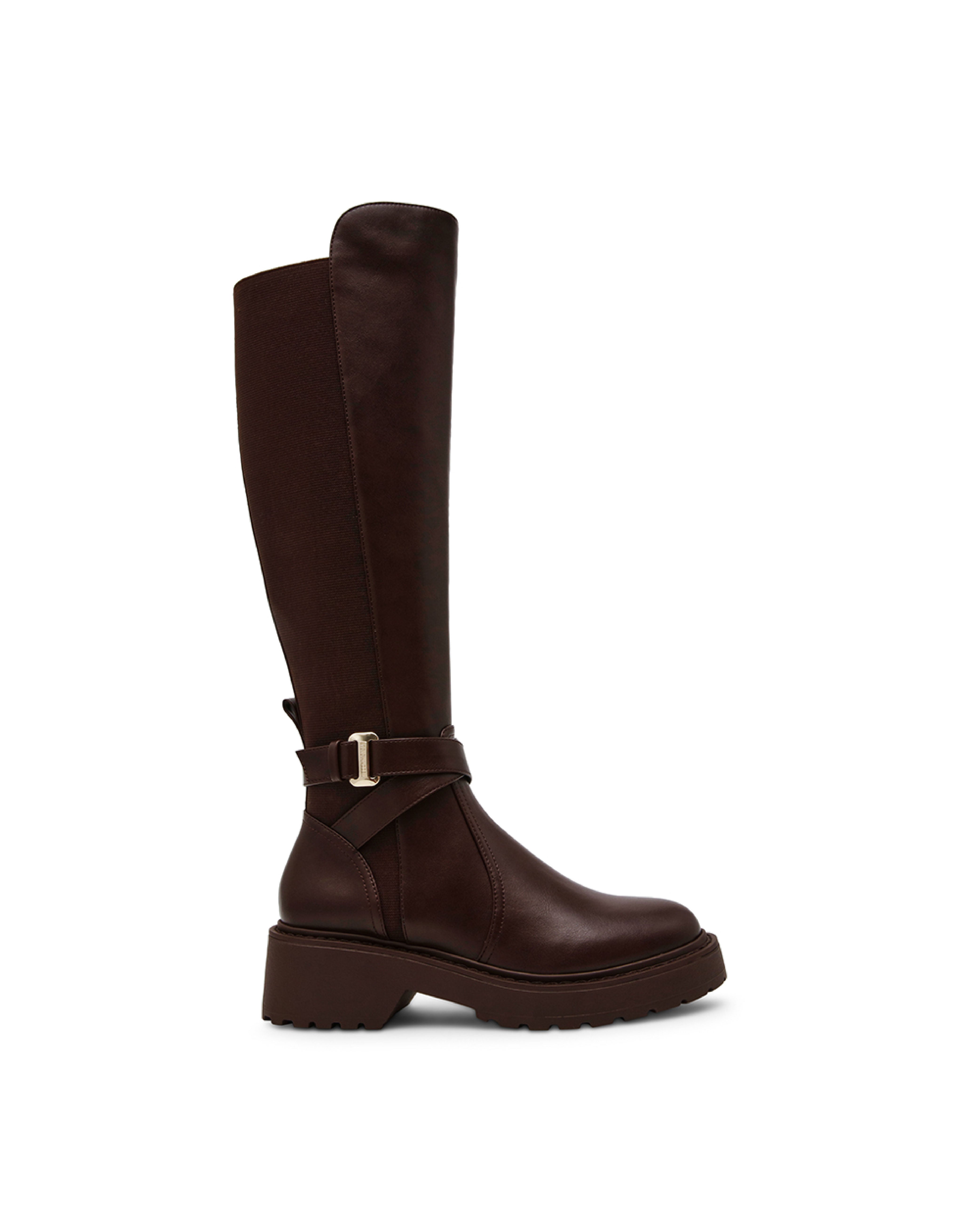 CALLER 異材質拼接交叉綁帶長靴-咖啡色