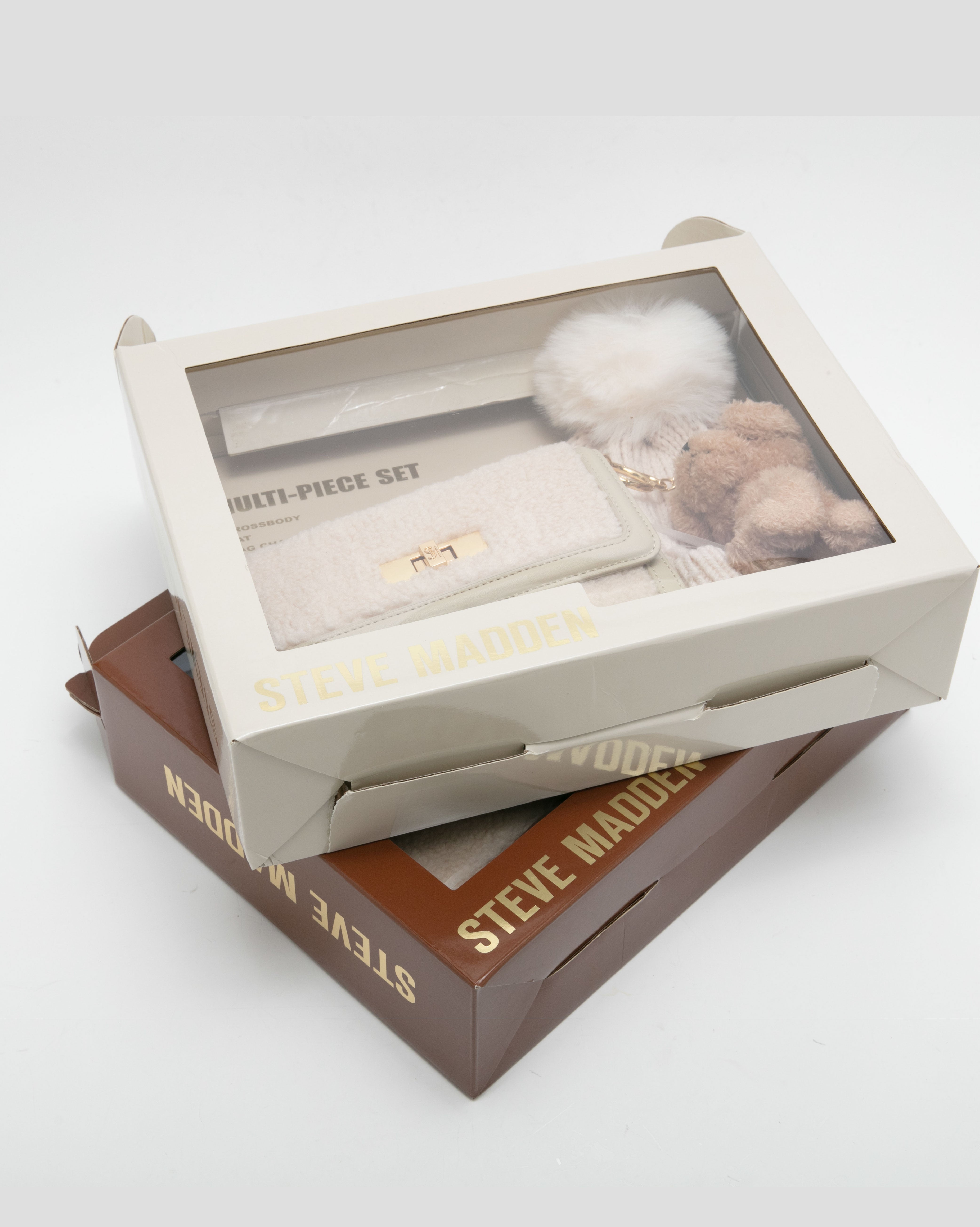 【線上獨家禮盒】毛毛信封包/針織毛帽三件禮盒組-米色