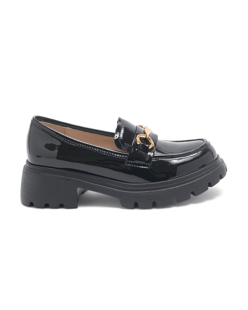 TWQUINN 真皮素面馬銜釦飾樂福鞋-鏡黑