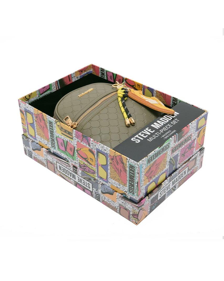 童趣雙吊飾/菱格紋後背包禮盒-墨綠色