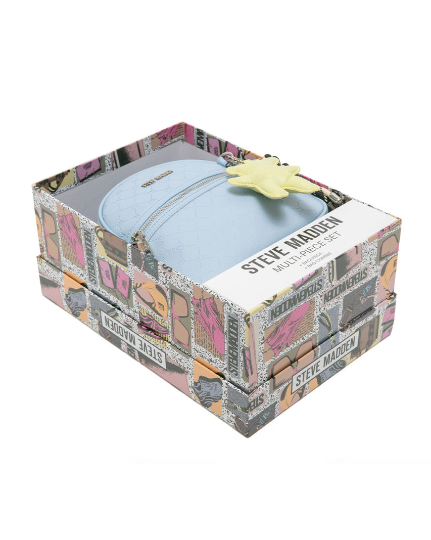 童趣雙吊飾/菱格紋後背包禮盒-藍色