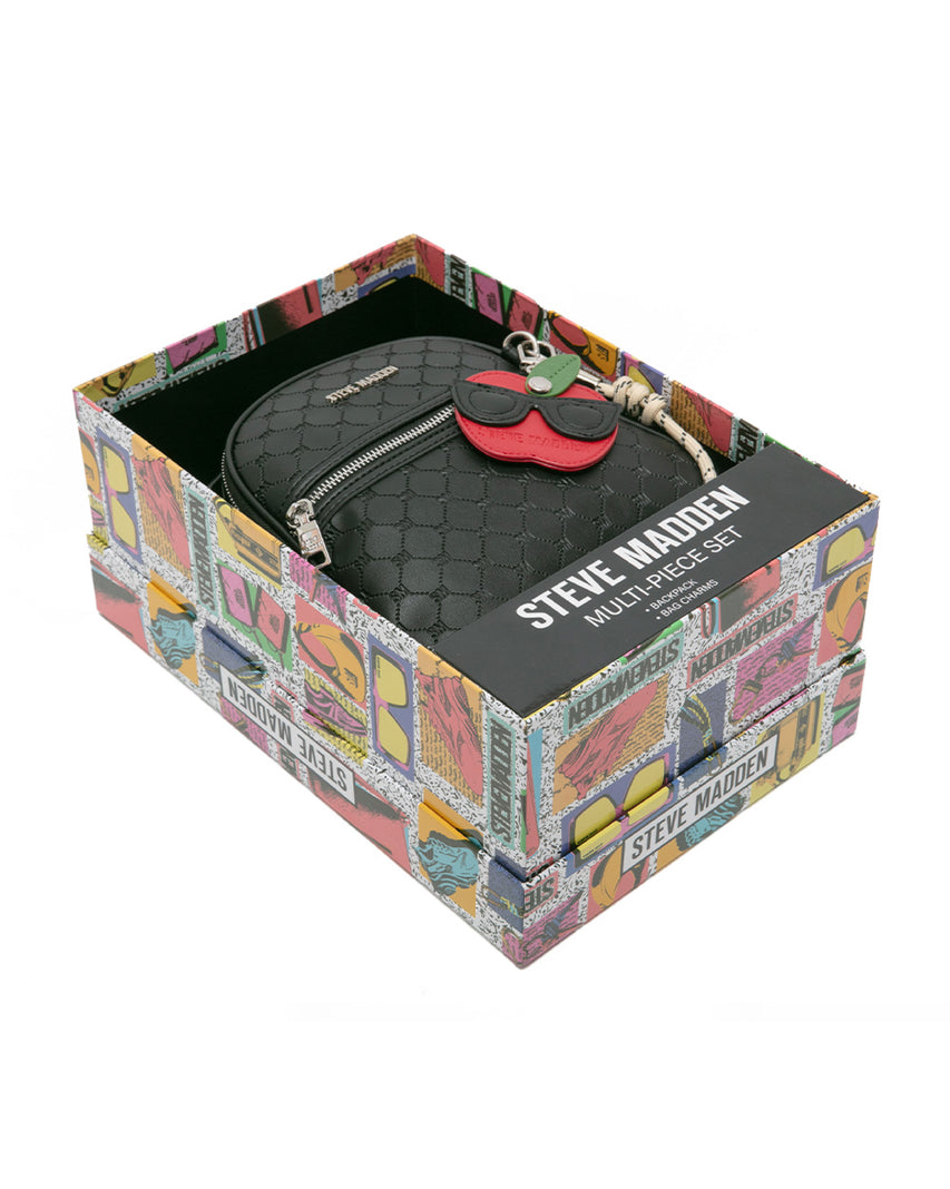 童趣雙吊飾/菱格紋後背包禮盒-黑色