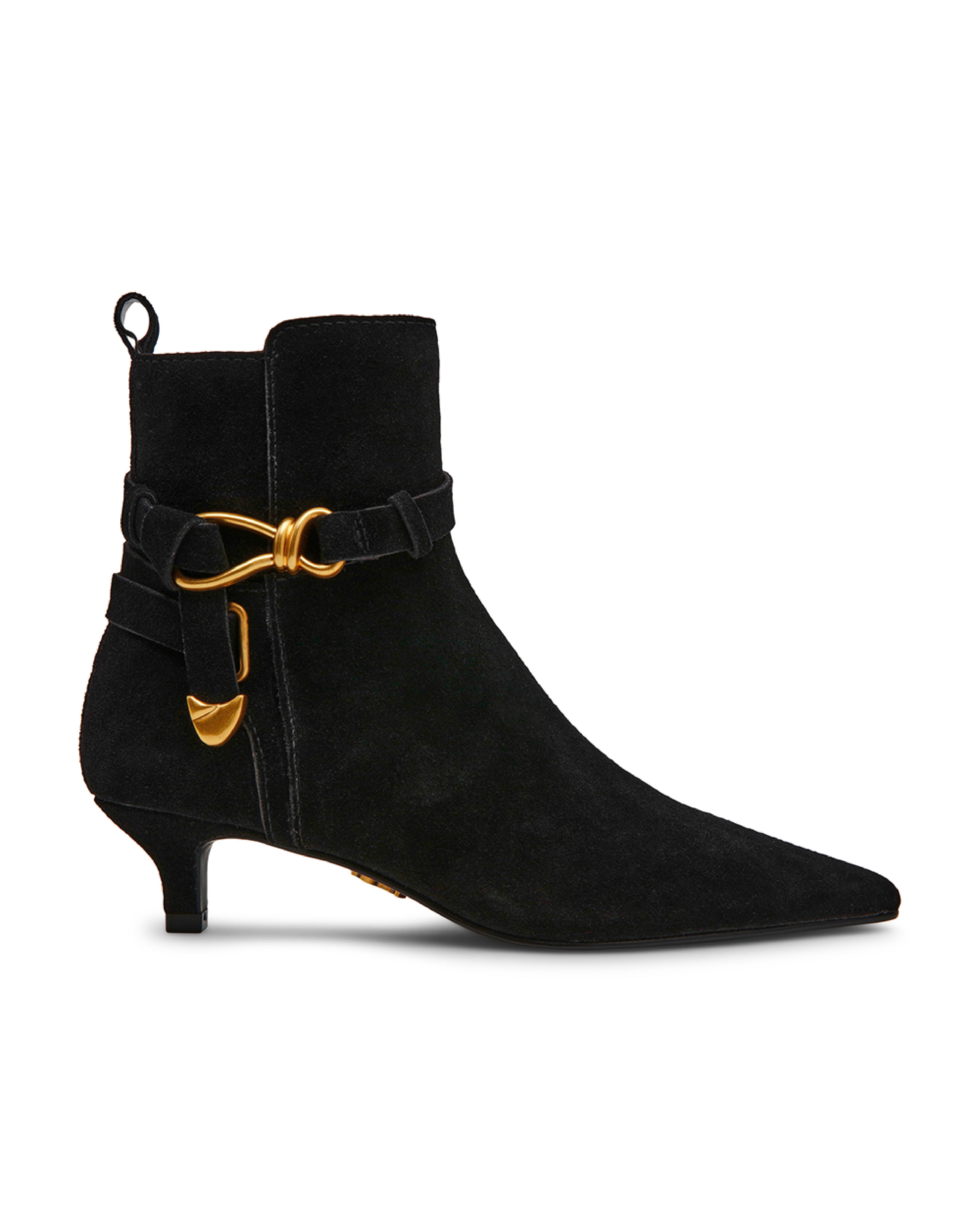 ROLLER 時尚結飾扣帶低跟中筒靴-絨黑