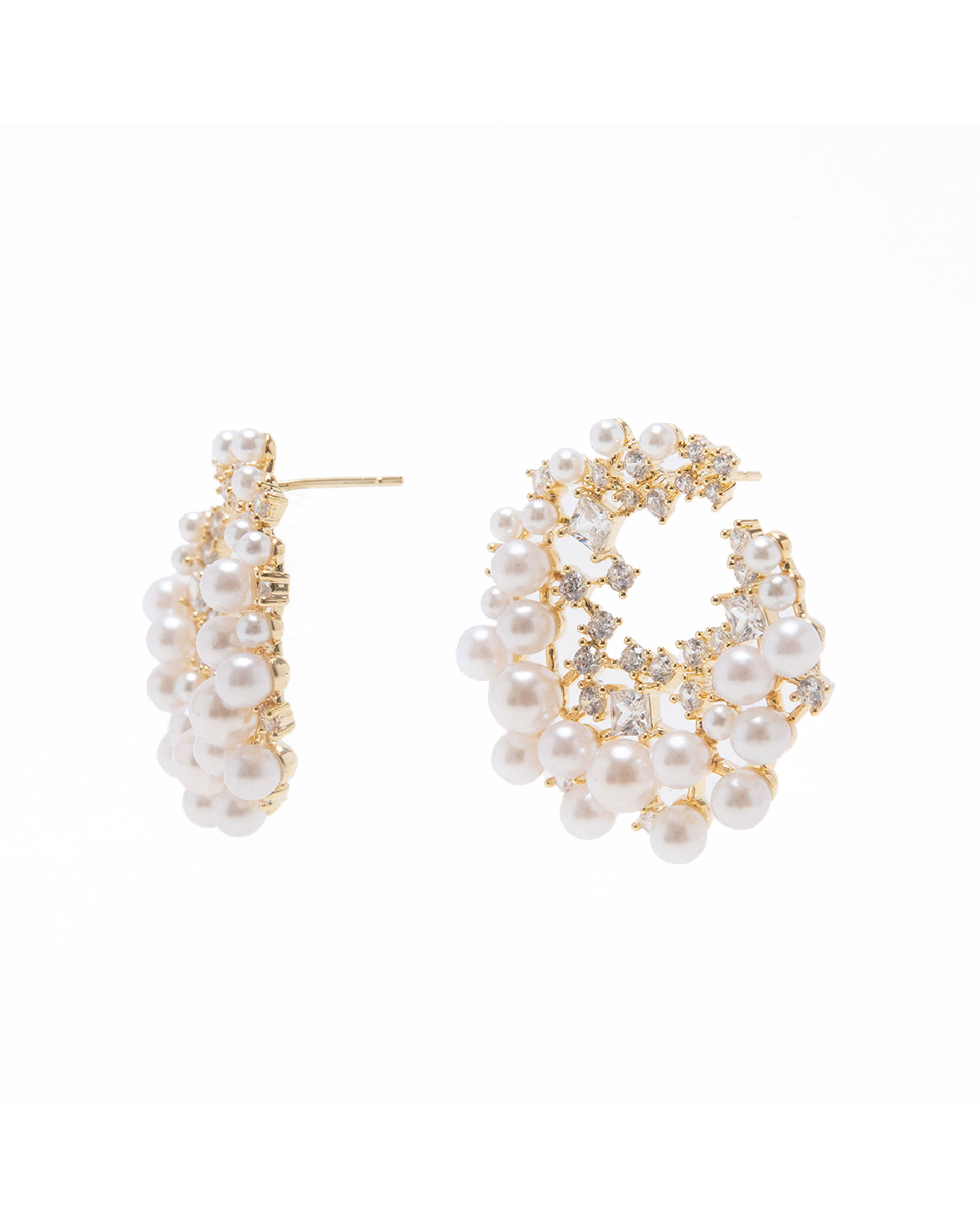 【線上獨家款】輕奢珍珠閃鑽圓形耳環-金色