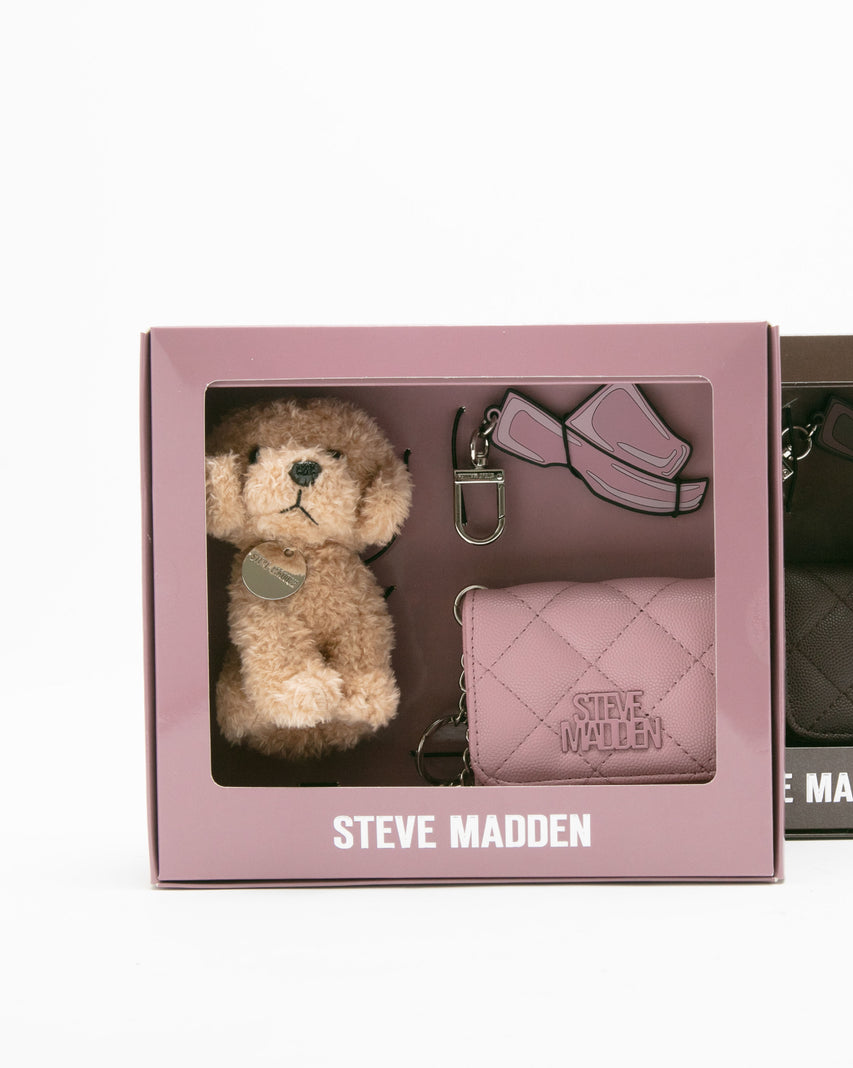 【線上獨家禮盒】菱格紋零錢包/吊飾三件禮盒組-粉紅色