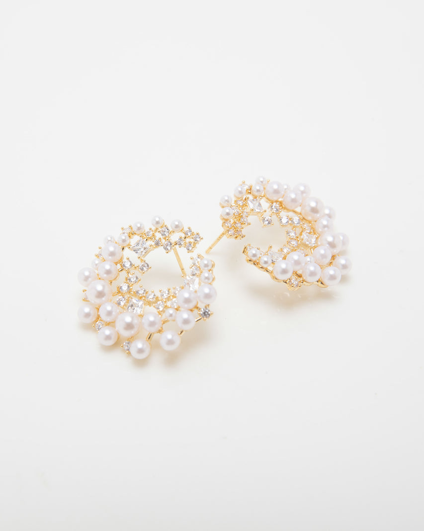 【線上獨家款】輕奢珍珠閃鑽圓形耳環-金色