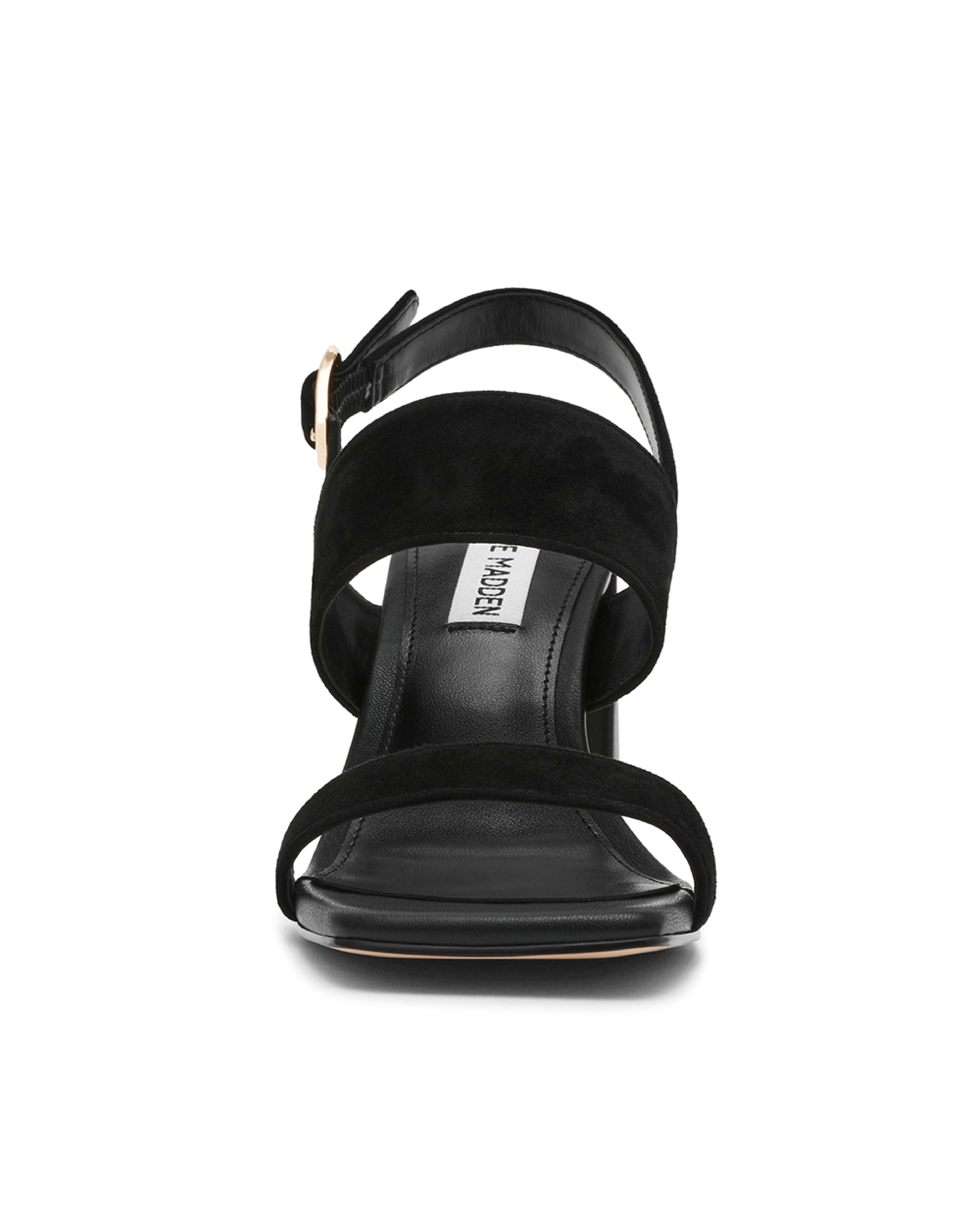 WENDIE 簡約一字雙帶粗跟涼鞋-絨黑