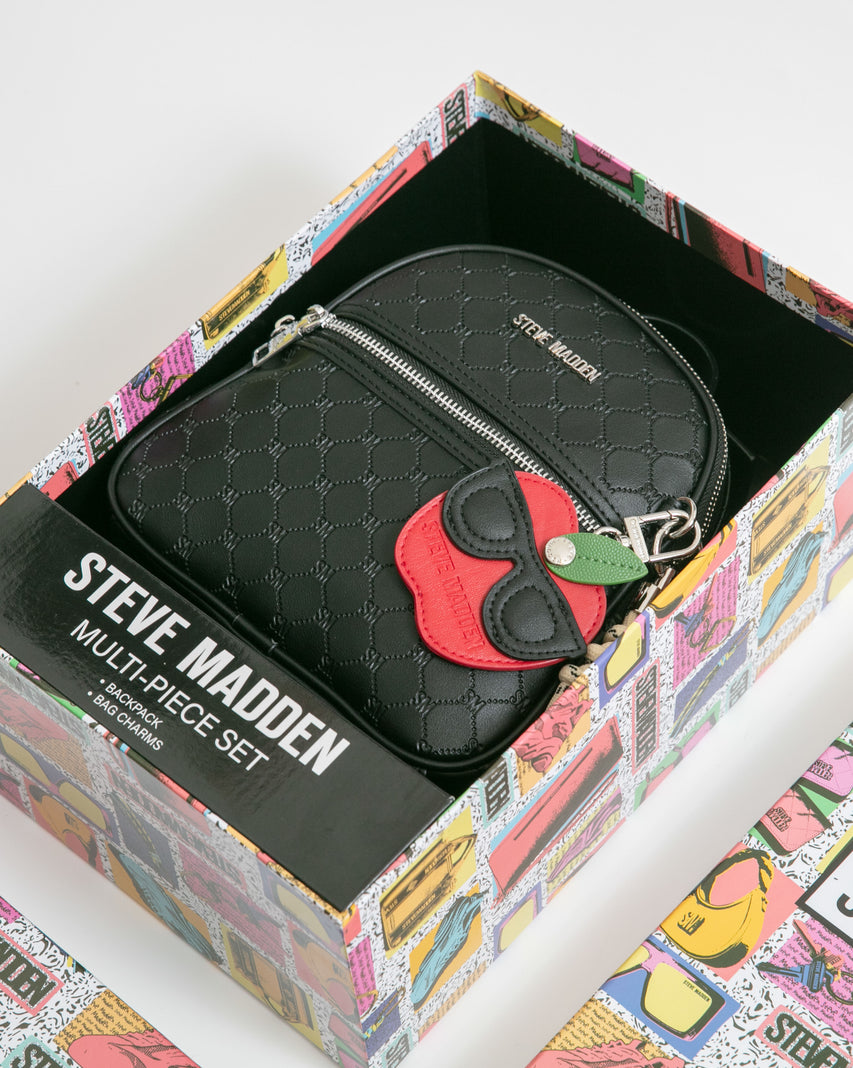 童趣雙吊飾/菱格紋後背包禮盒-黑色