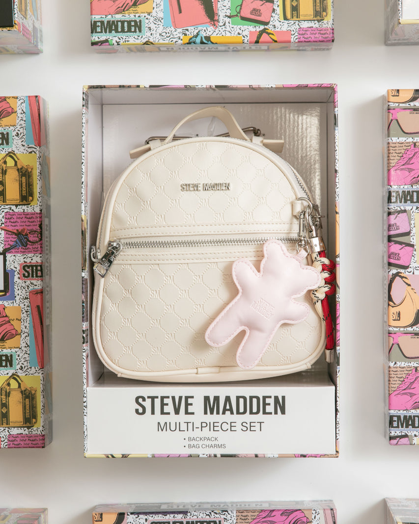 童趣雙吊飾/菱格紋後背包禮盒-米色