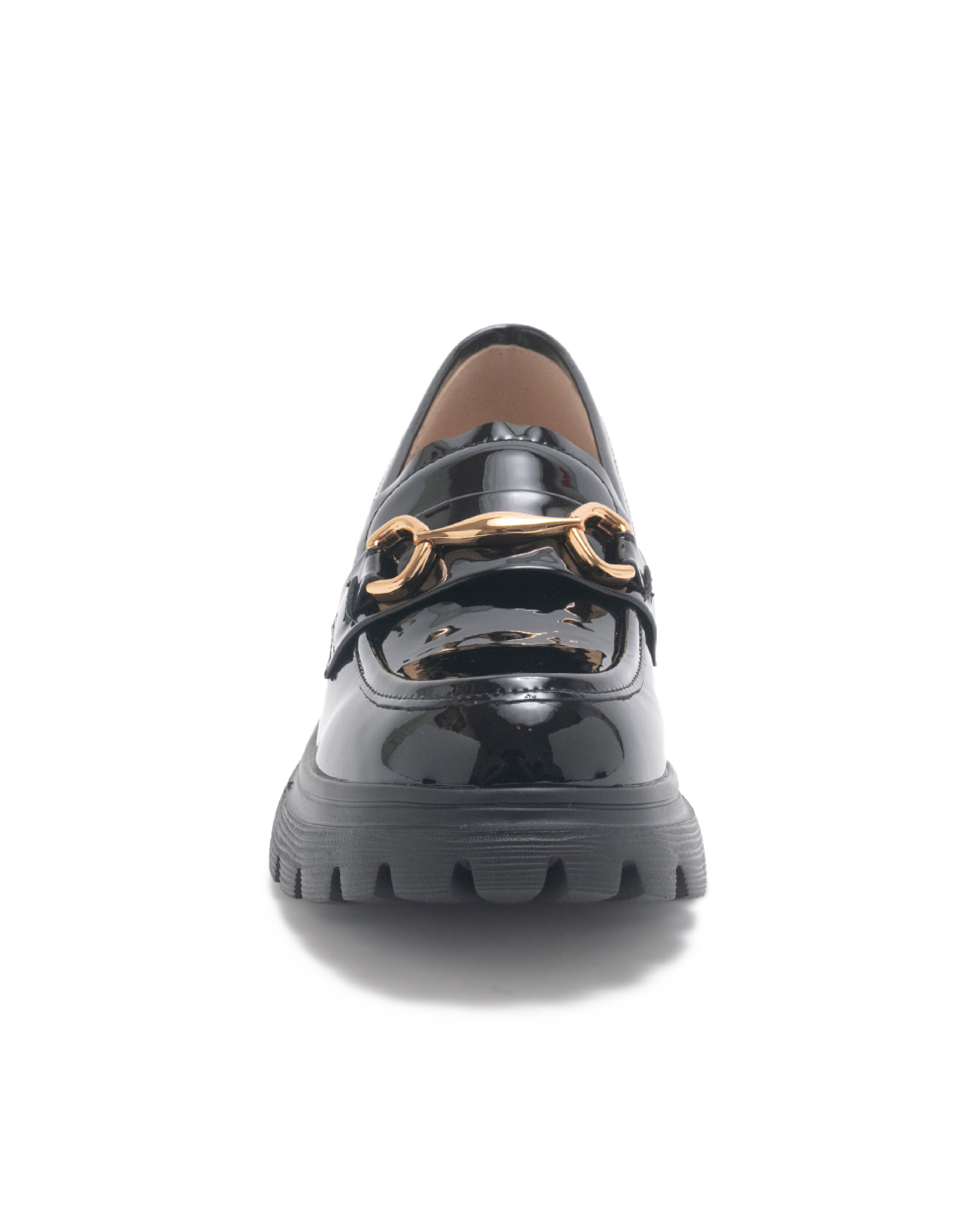 TWQUINN 真皮素面馬銜釦飾樂福鞋-鏡黑