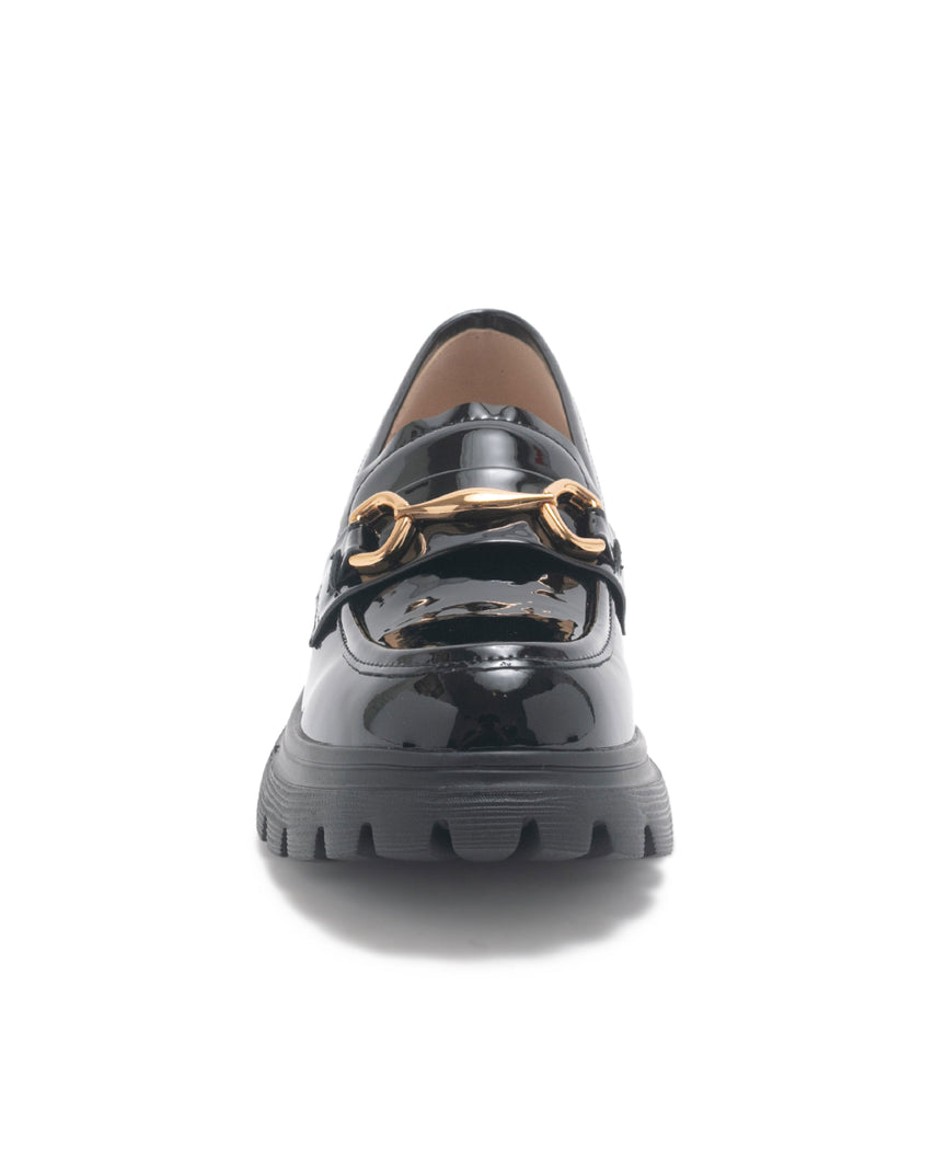 TWQUINN 真皮素面馬銜釦飾樂福鞋-鏡黑