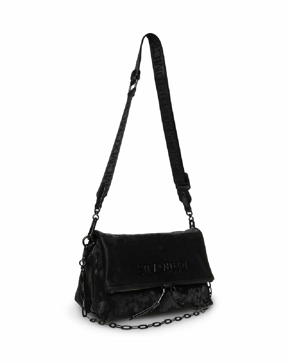 BDORCY-V 翻蓋素面寬帶斜背包-黑色