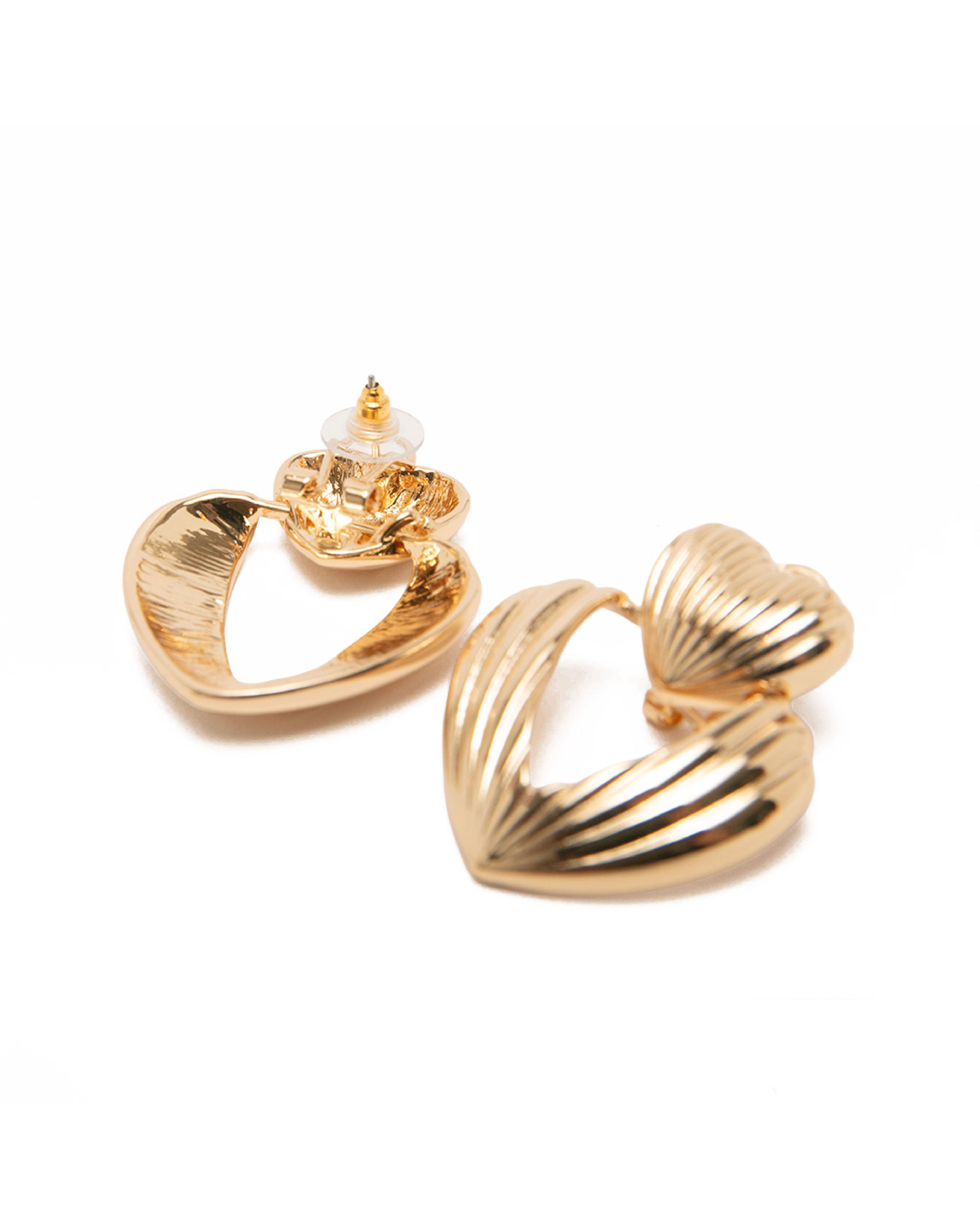 直條紋雙愛心耳環-金色