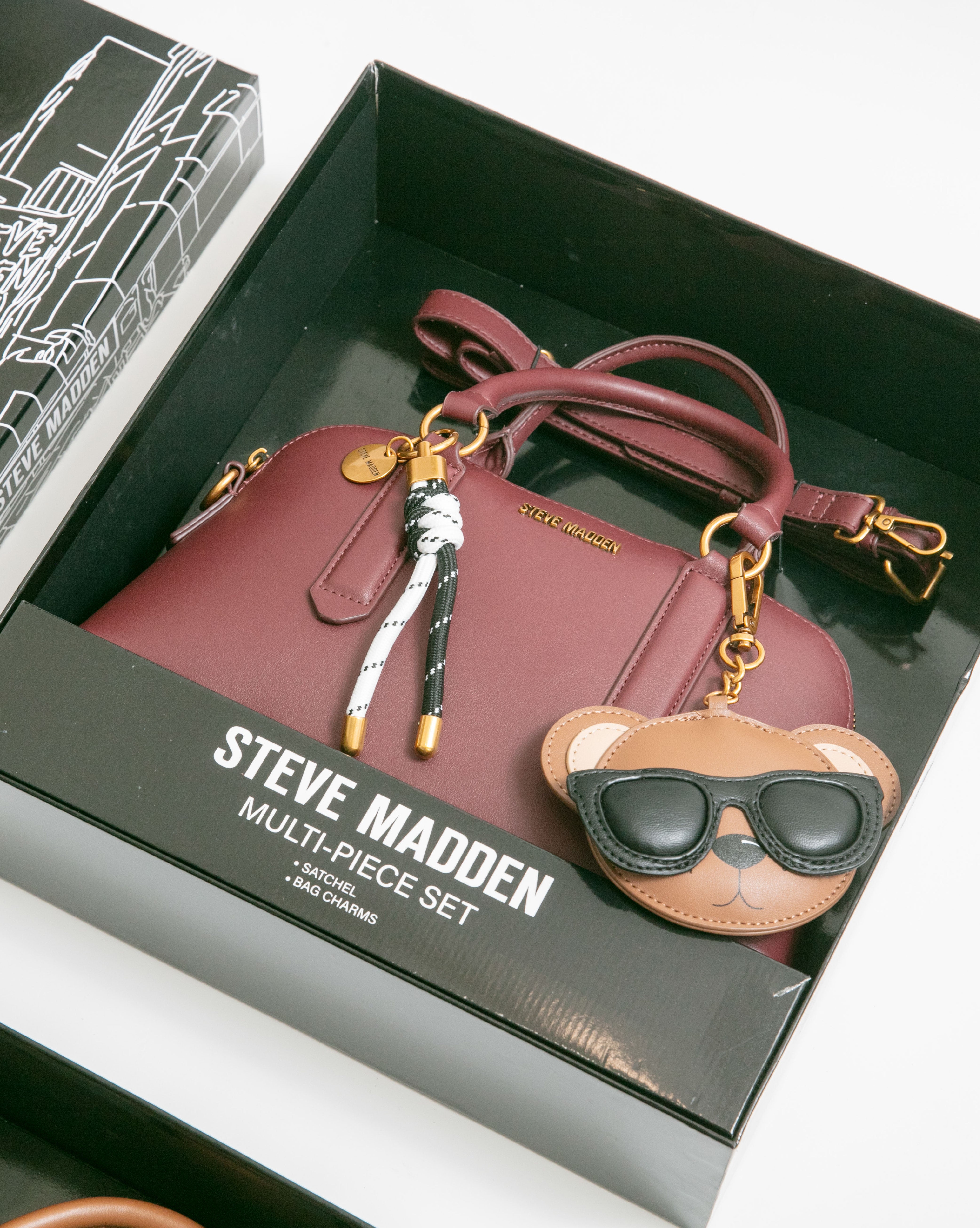 潮流小熊雙吊飾/素面兩用包禮盒-酒紅色