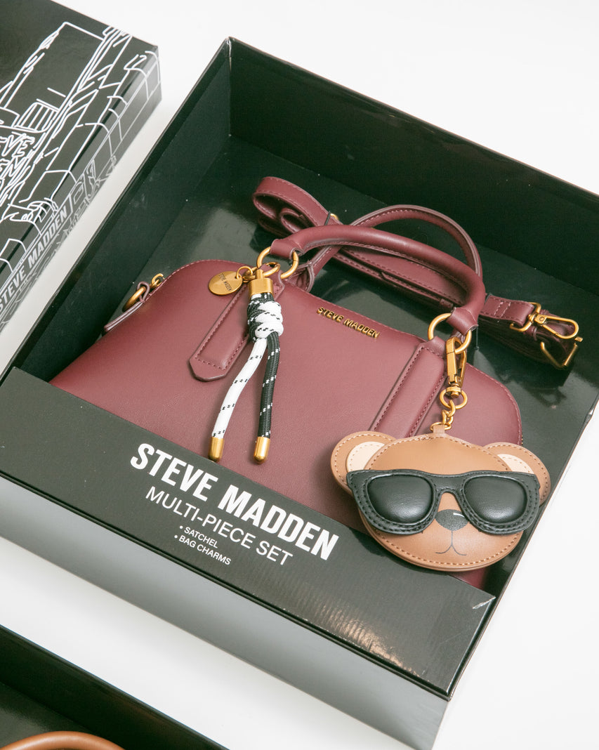 潮流小熊雙吊飾/素面兩用包禮盒-酒紅色