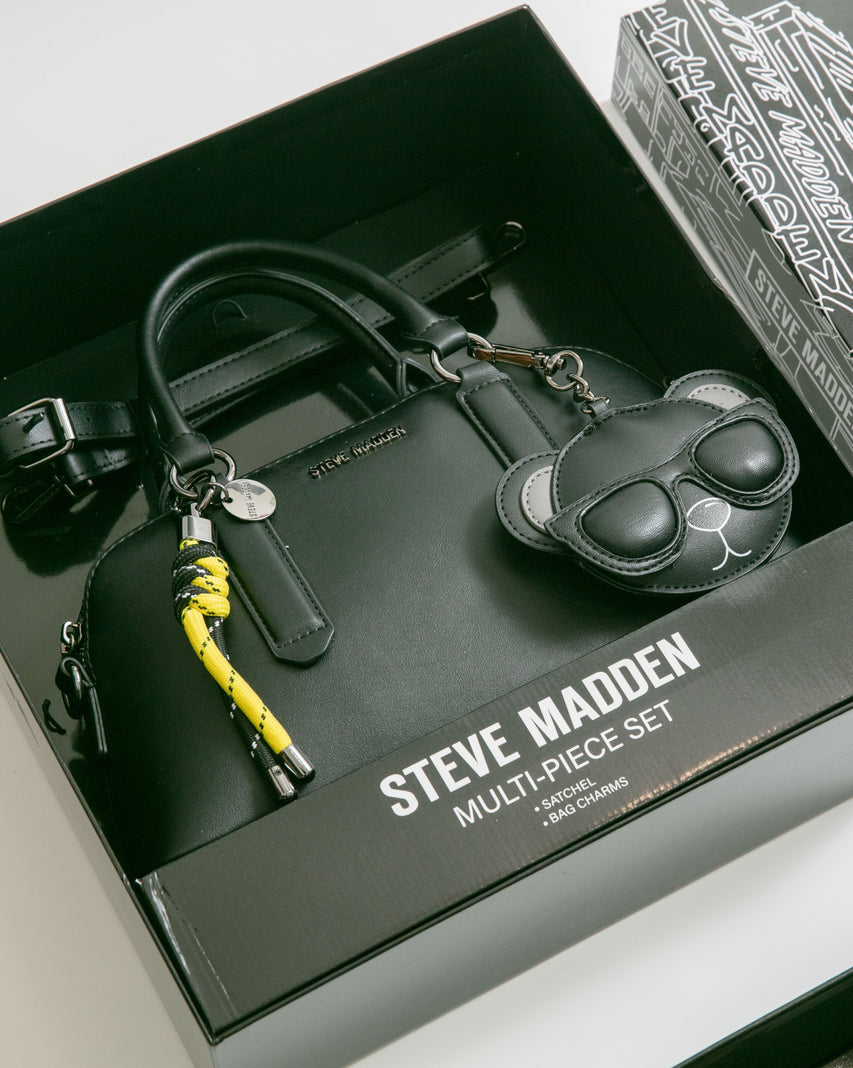 潮流小熊雙吊飾/素面兩用包禮盒-黑色