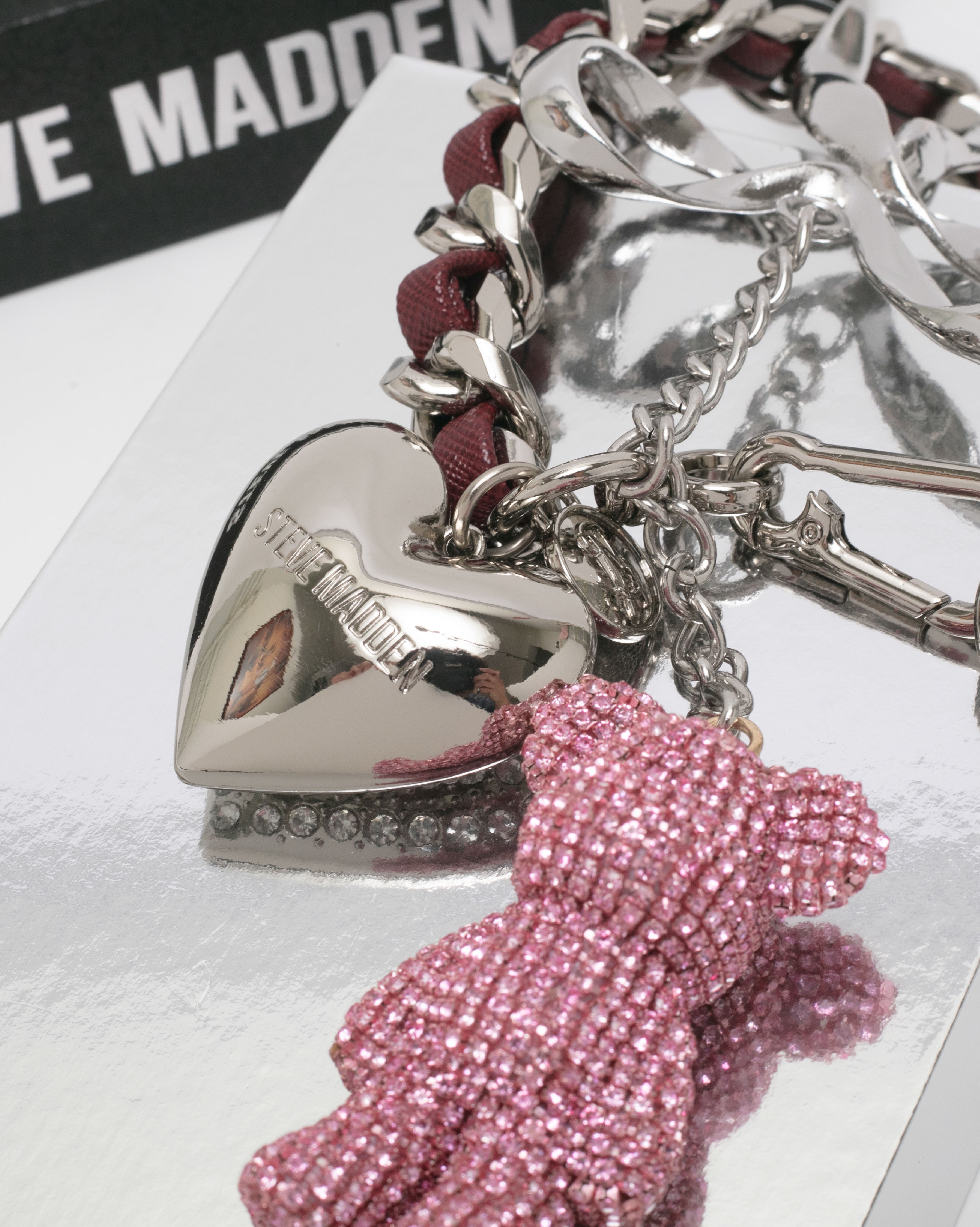 BBEAR-C 閃鑽小熊蝴蝶結愛心吊飾-粉紅色