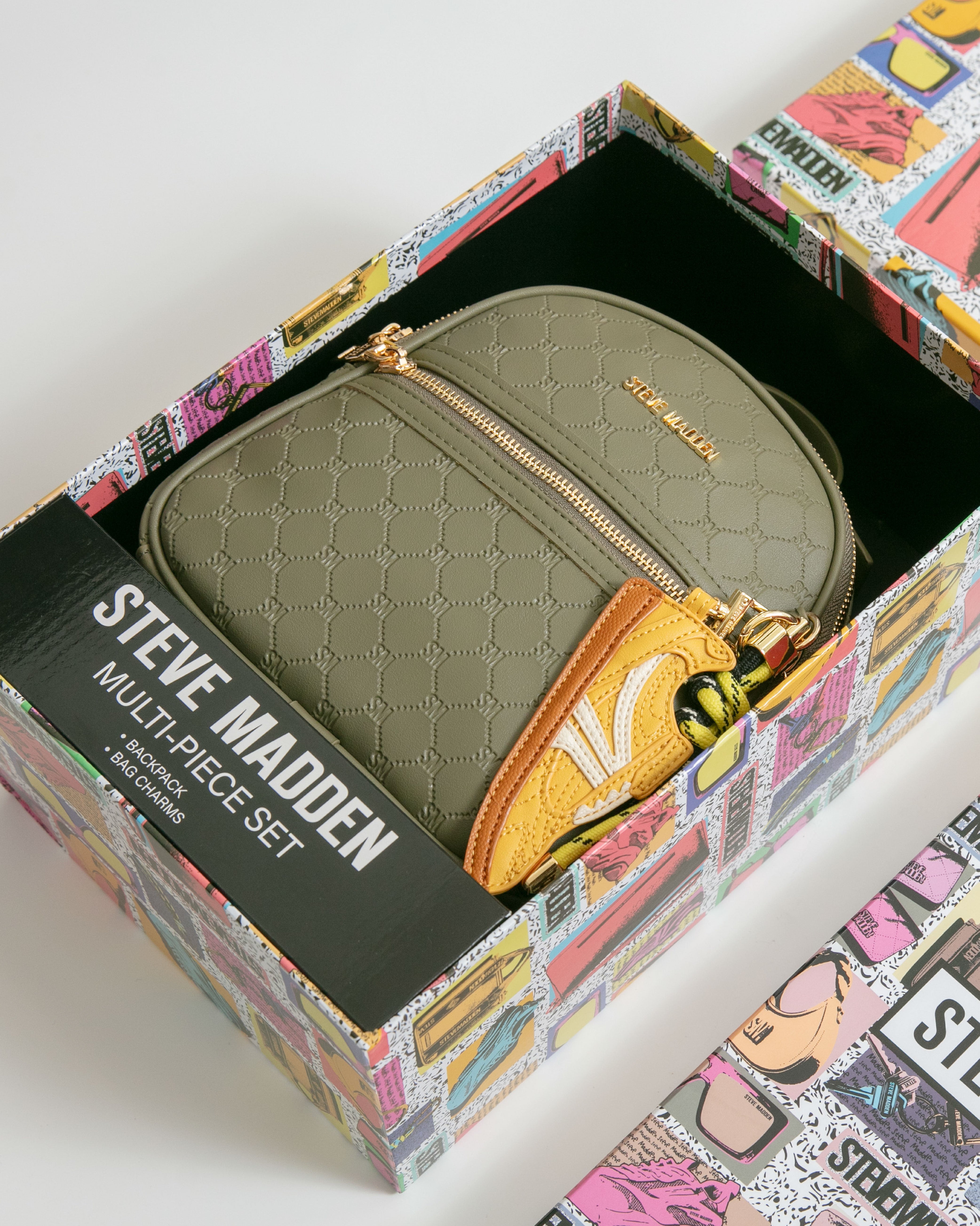 童趣雙吊飾/菱格紋後背包禮盒-墨綠色