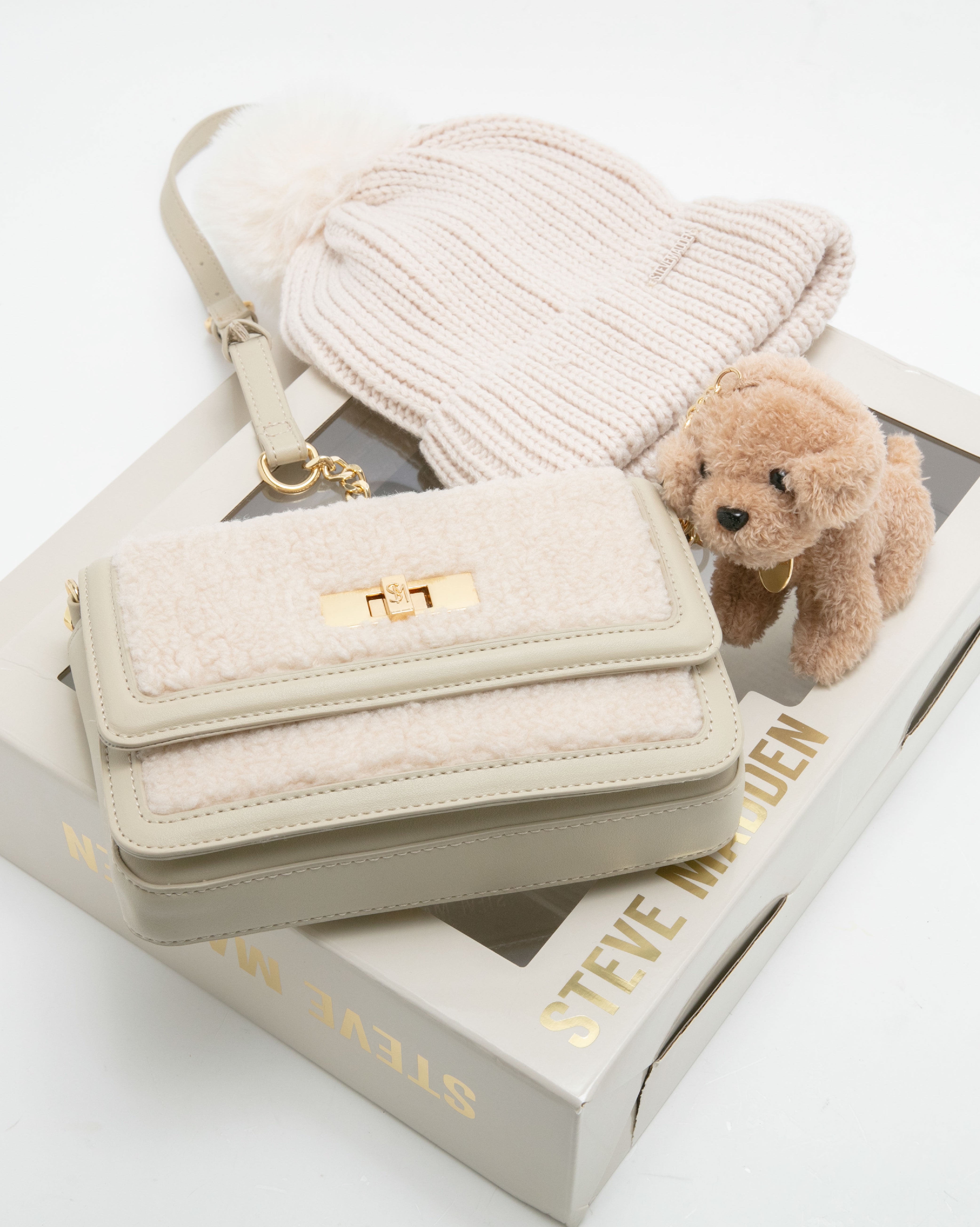 【線上獨家禮盒】毛毛信封包/針織毛帽三件禮盒組-米色