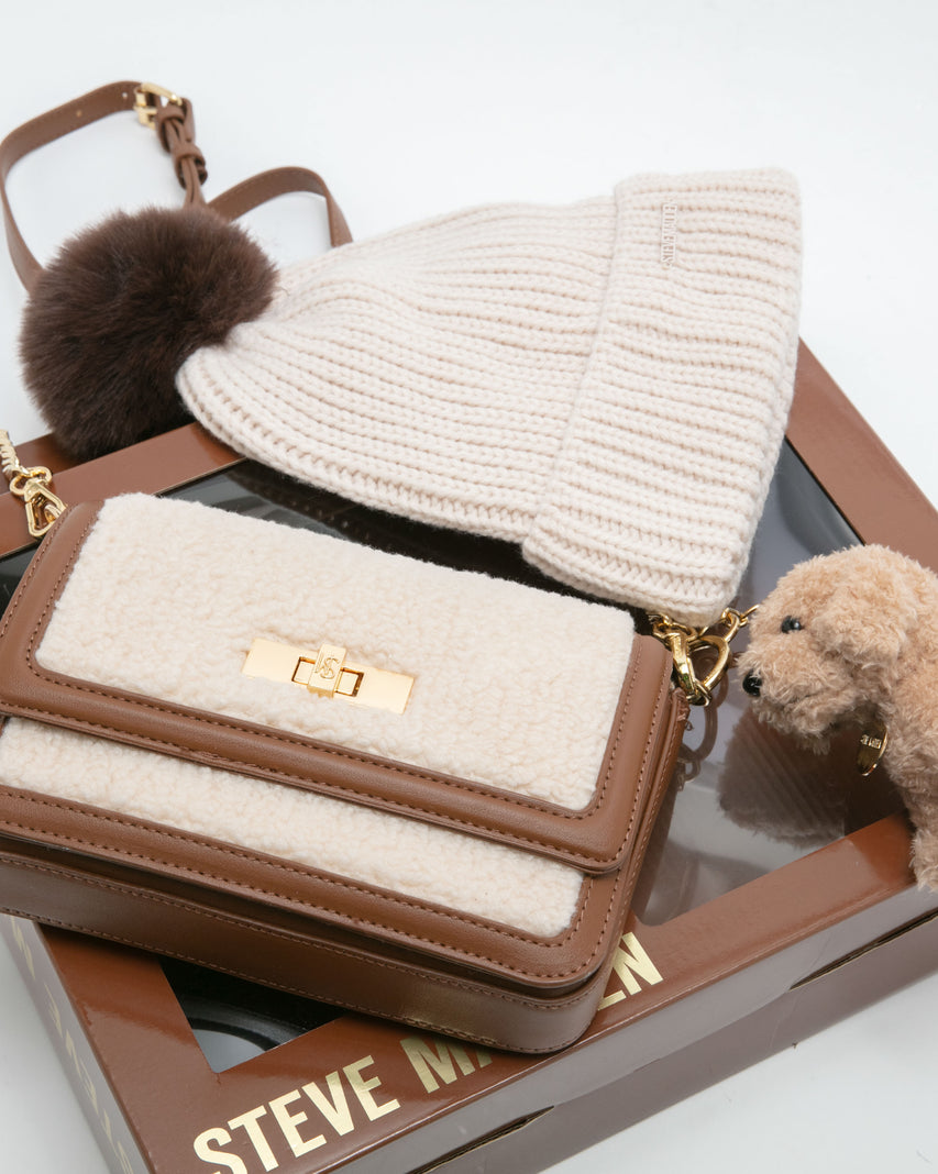 【線上獨家禮盒】毛毛信封包/針織毛帽三件禮盒組-咖啡色