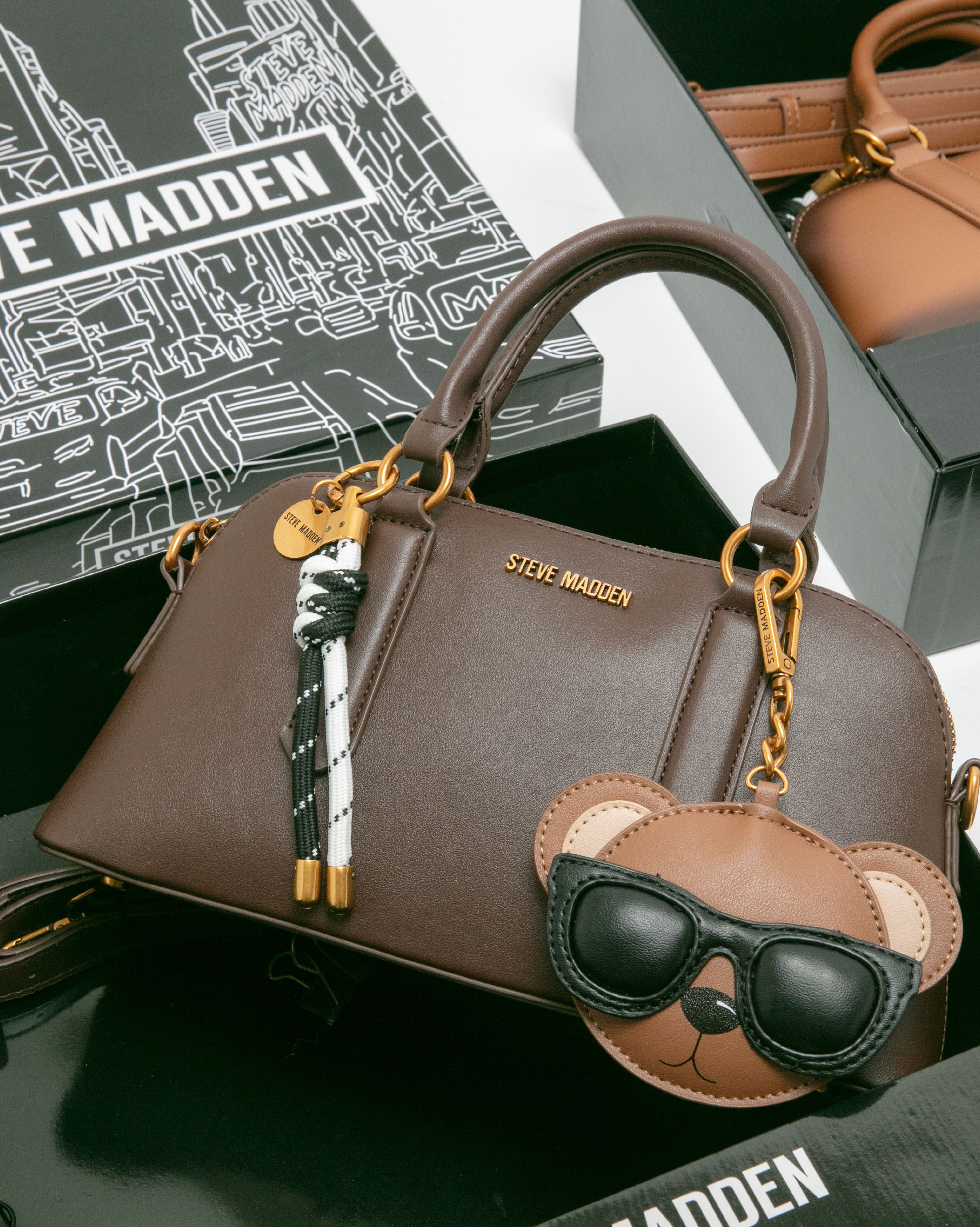 潮流小熊雙吊飾/素面兩用包禮盒-咖啡色