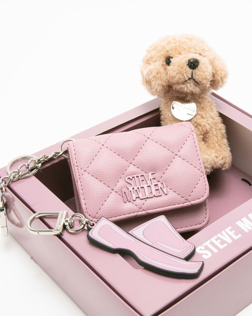 【線上獨家禮盒】菱格紋零錢包/吊飾三件禮盒組-粉紅色