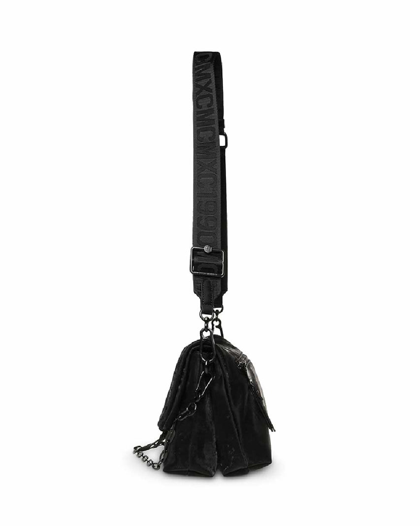 BDORCY-V 翻蓋素面寬帶斜背包-黑色