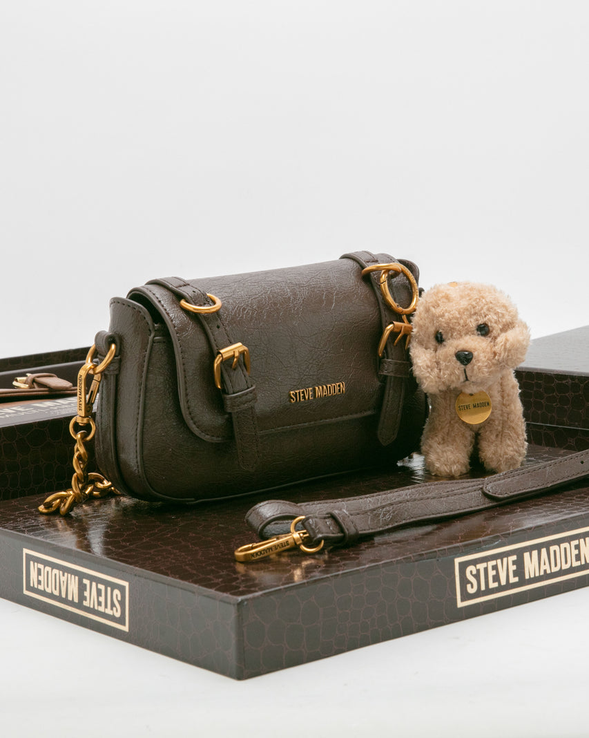 雙扣帶造型小包/毛絨狗狗吊飾禮盒-咖啡色