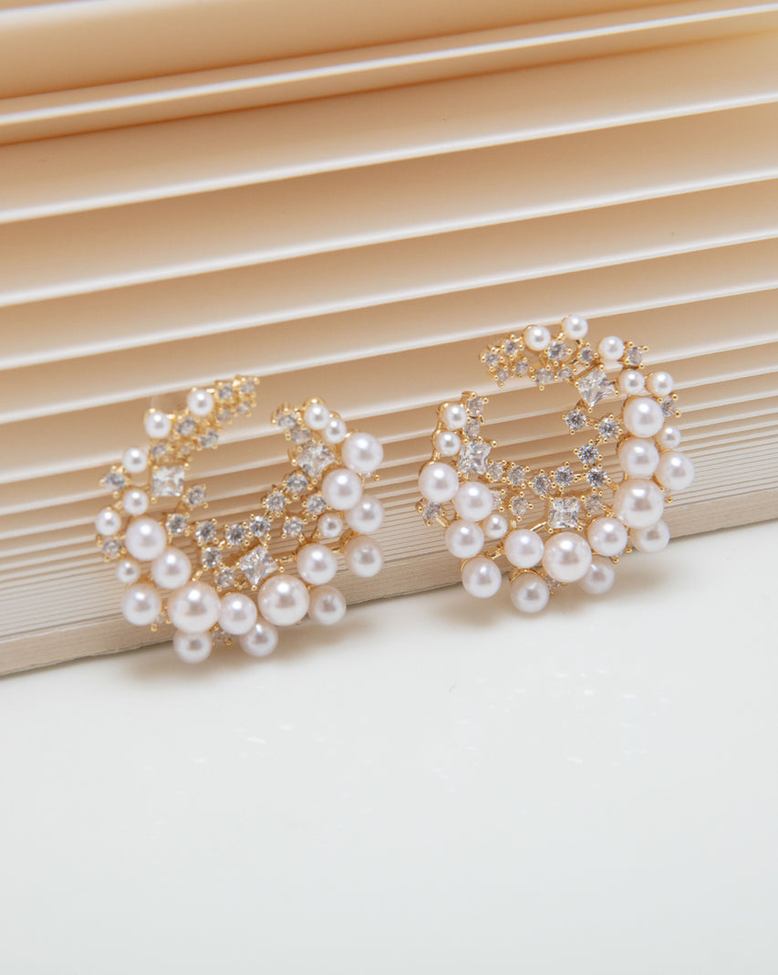 【線上獨家款】輕奢珍珠閃鑽圓形耳環-金色