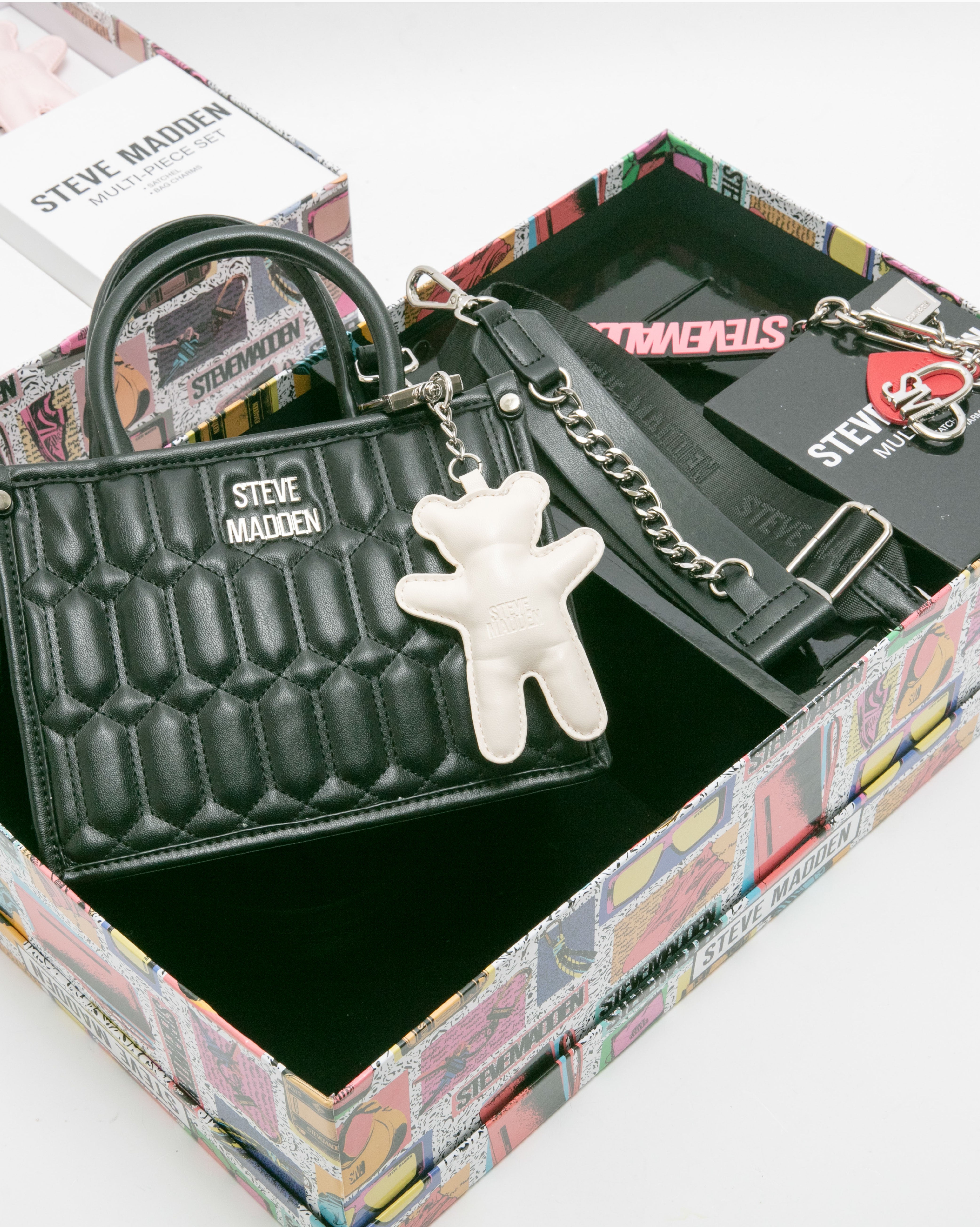 雙吊飾/格紋方形兩用包禮盒-黑色