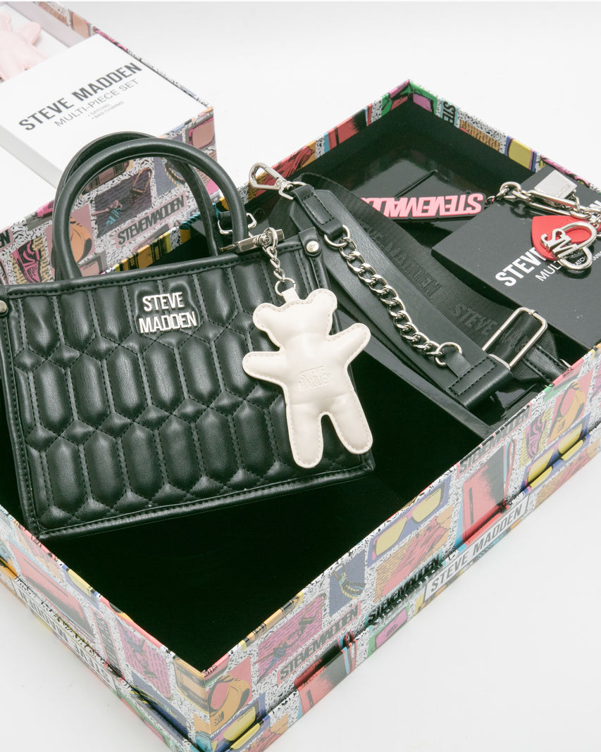 雙吊飾/格紋方形兩用包禮盒-黑色