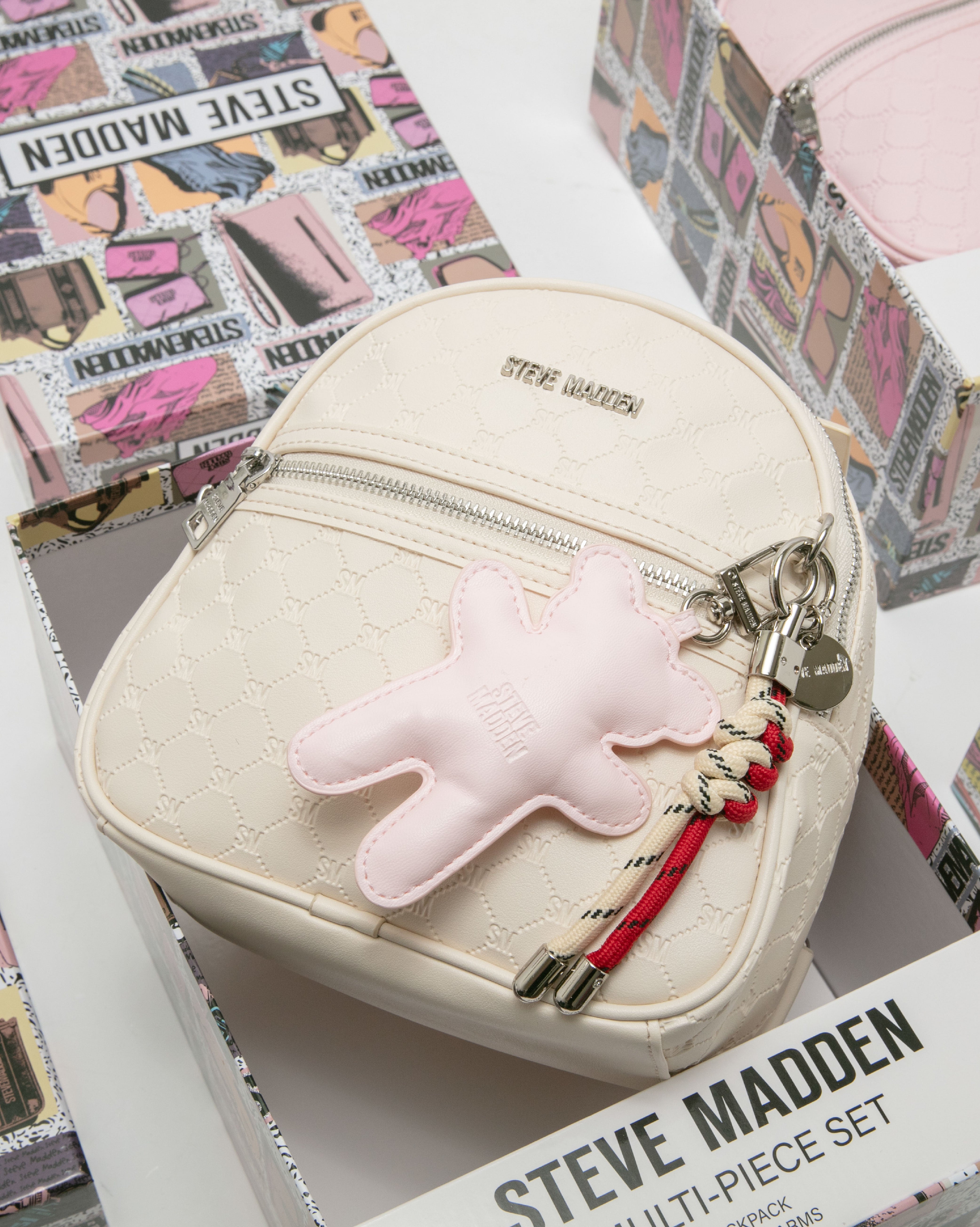 童趣雙吊飾/菱格紋後背包禮盒-米色