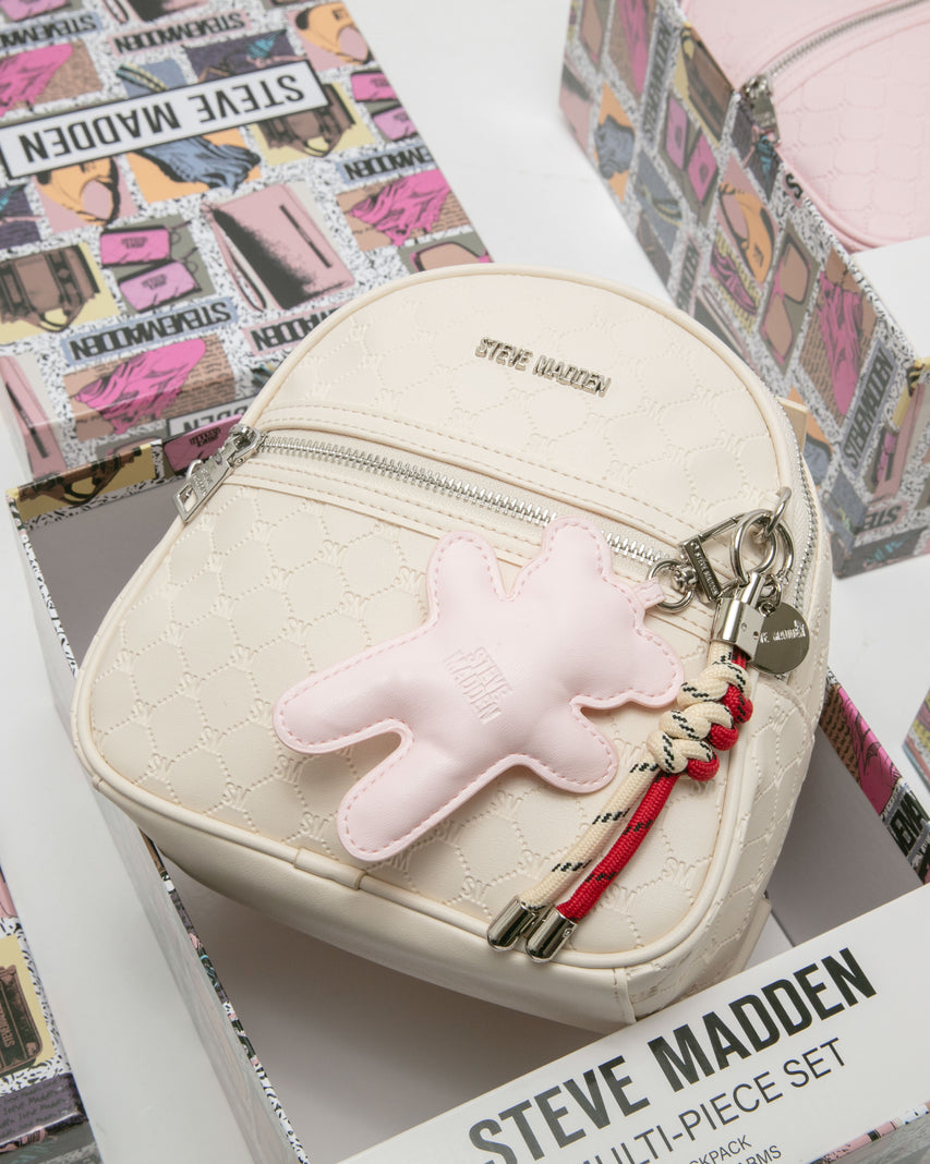 童趣雙吊飾/菱格紋後背包禮盒-米色