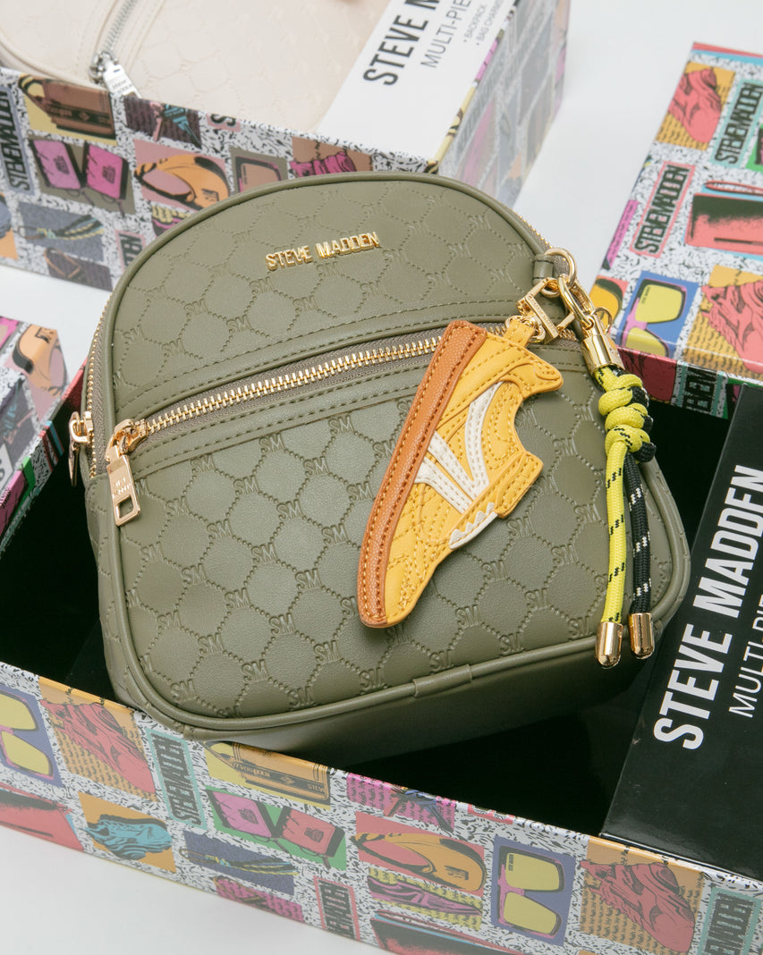 童趣雙吊飾/菱格紋後背包禮盒-墨綠色