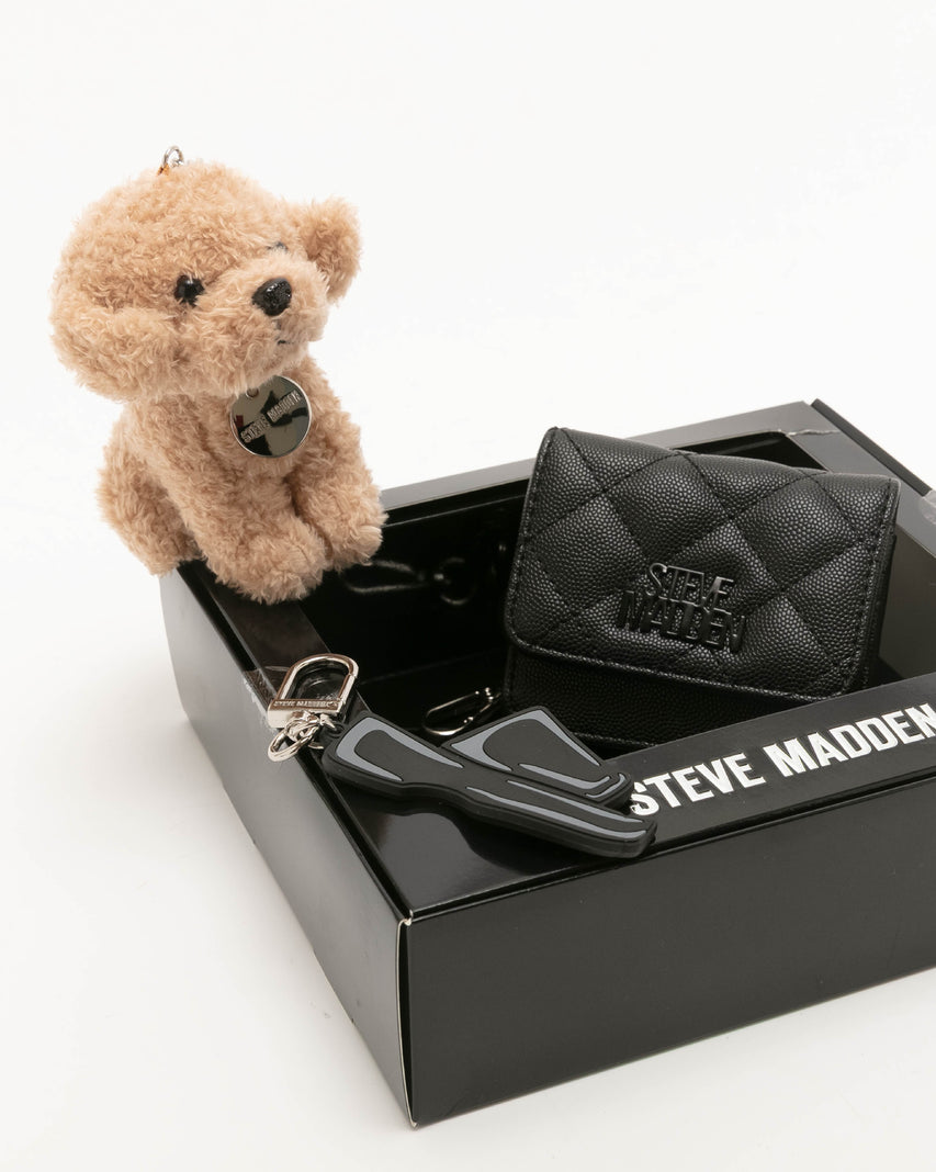 菱格紋零錢包/吊飾三件禮盒組-黑色