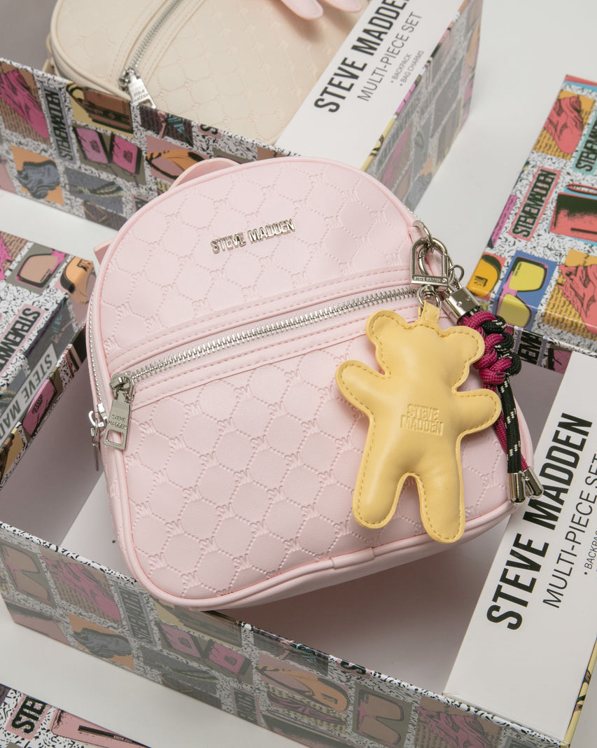 童趣雙吊飾/菱格紋後背包禮盒-粉色