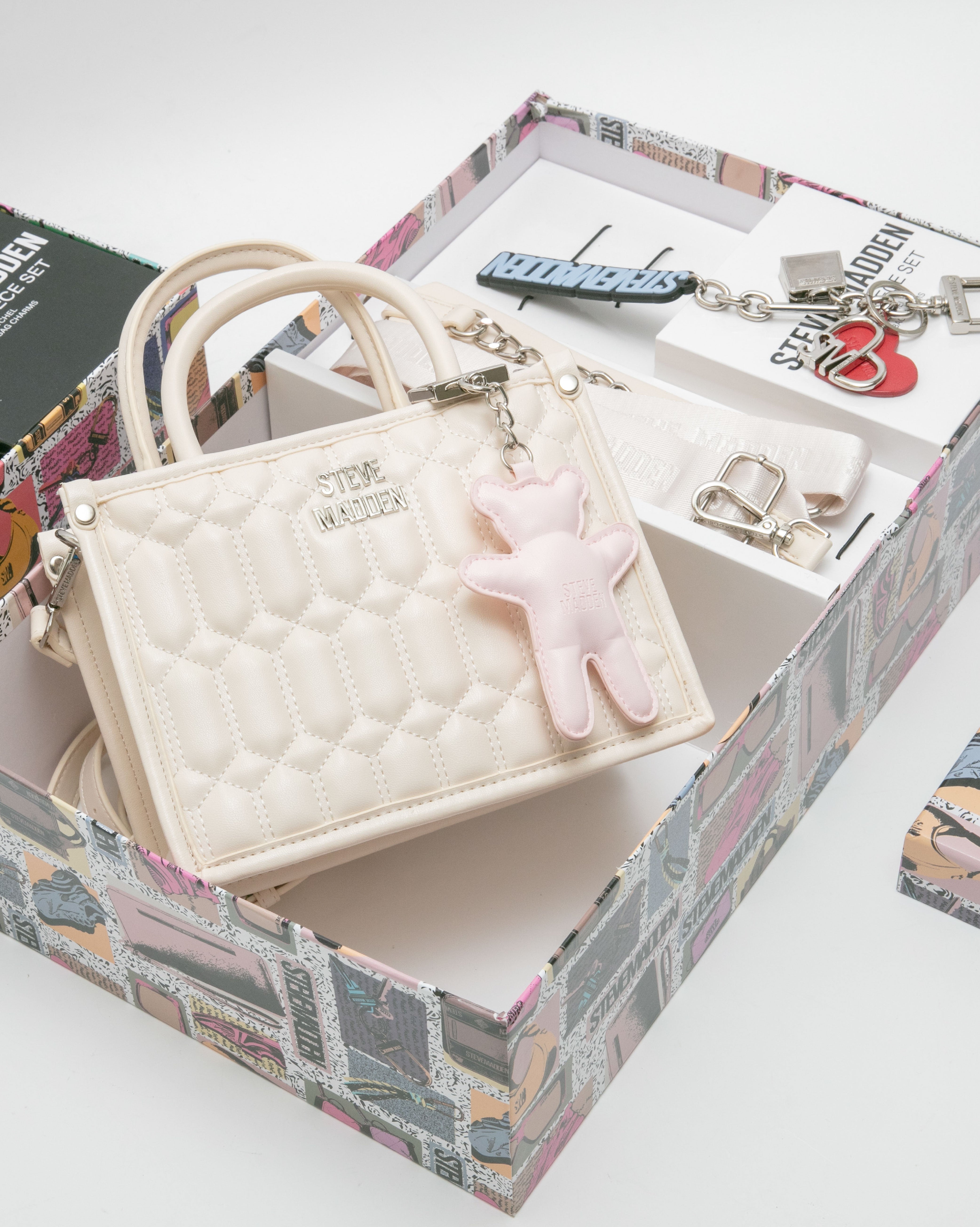 雙吊飾/格紋方形兩用包禮盒-米色