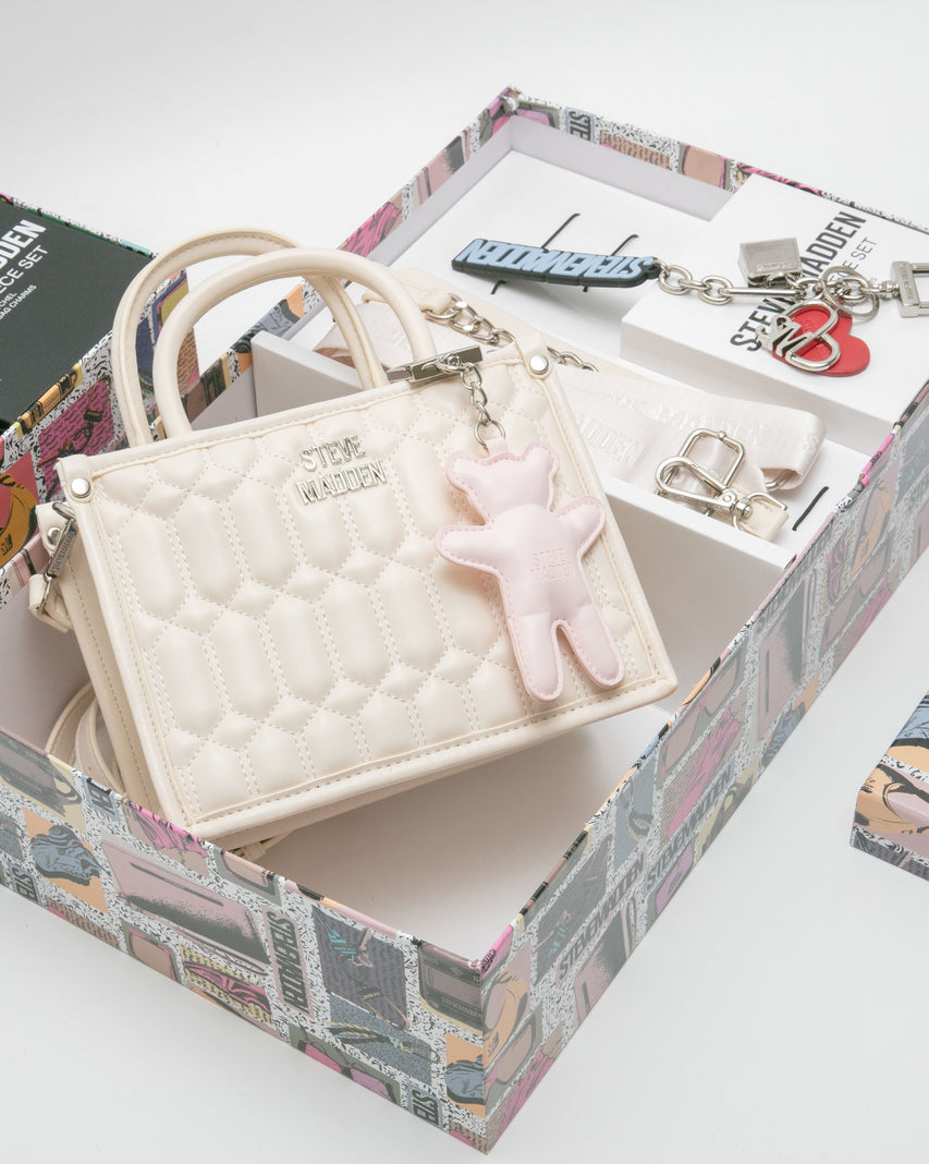 雙吊飾/格紋方形兩用包禮盒-米色